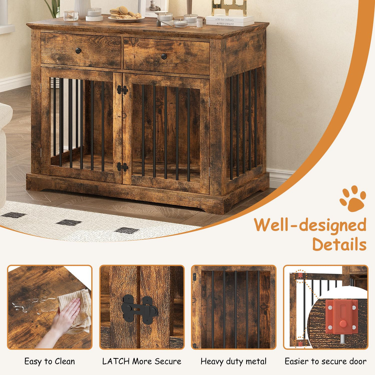 PRETZI Dog Crate Furniture, 44 Inch Wooden Dog Kennel Indoor with 2 Storage Drawers, Heavy Duty Large Dog Crate Furniture, Rustic Style Decorative End Table Dog Cage for Small/Medium/Large (Brown) PRETZI