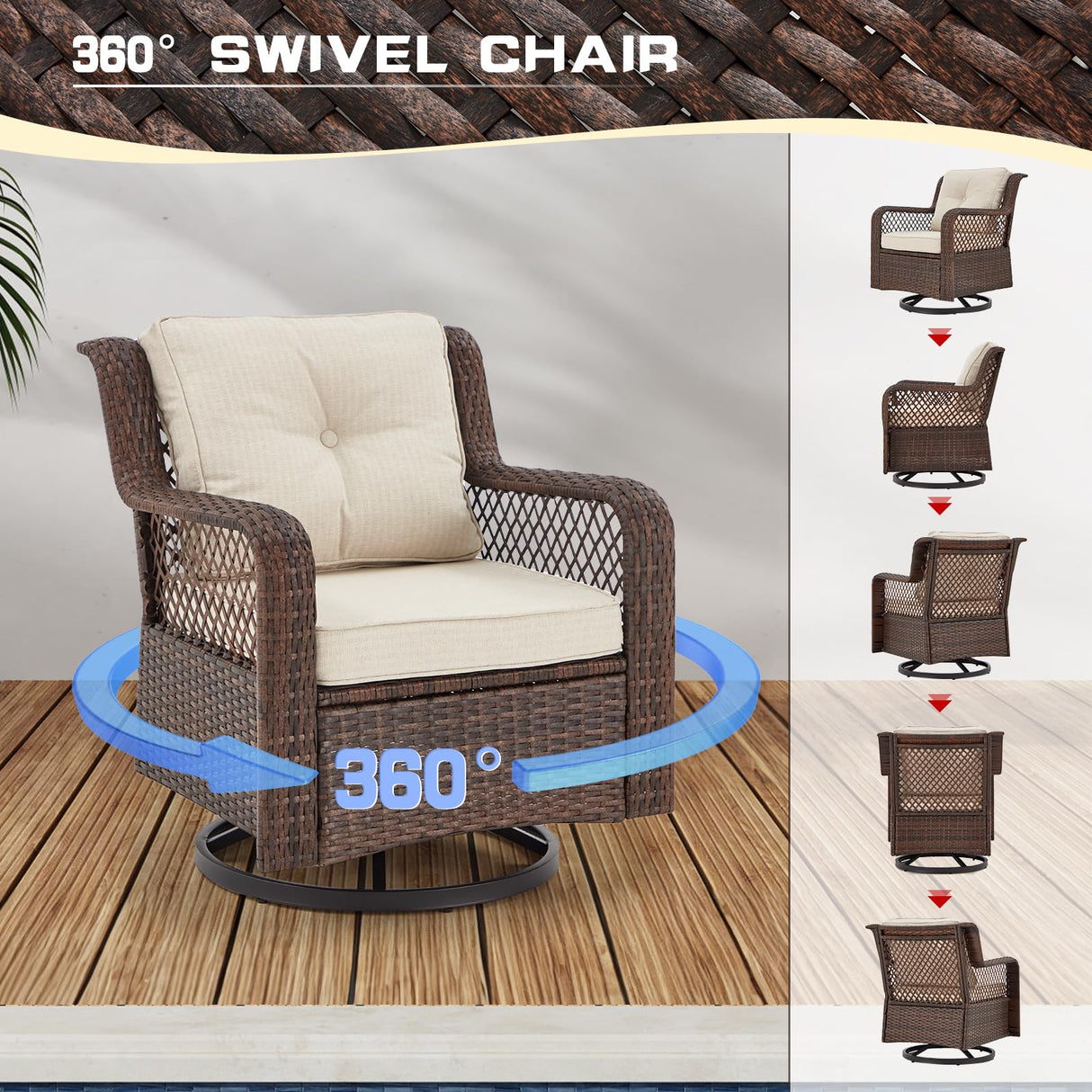 Suvivityse 6 Pieces Outdoor Patio Furniture Set Wicker Sectional Couch Conversations Sets Rattan Sofa with 360° Swivel Rocking Chairs for Lawn Garden Poolside Backyard (Brown) Suvivityse