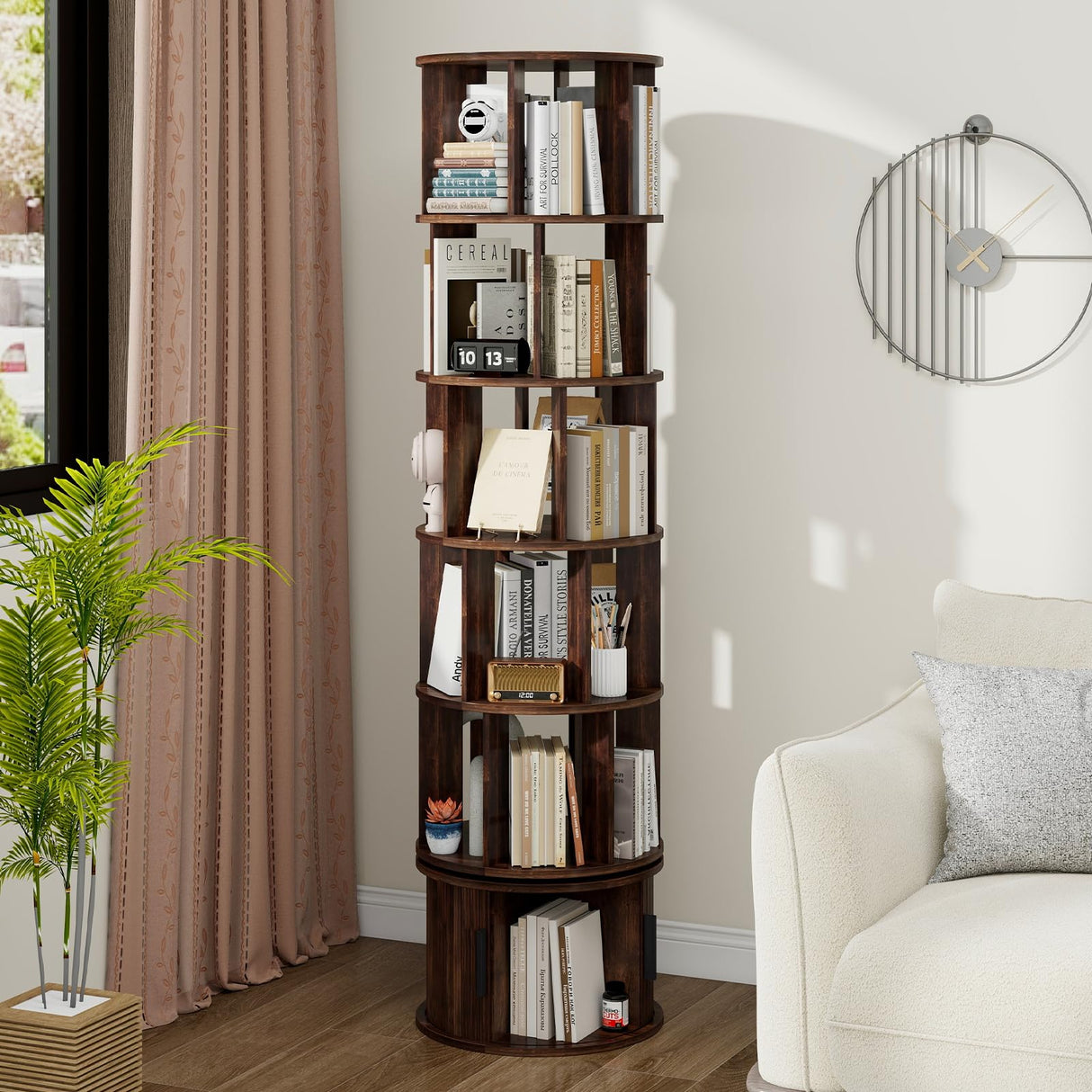 Vabches 6-Tier Rotating Bookshelf, Round Revolving Bookcase Organizer, 360° Spinning Book Shelf Tower, Rolling Bookshelves for Small Spaces, Living Room, Bedroom, Study, Office, Walnut Vabches