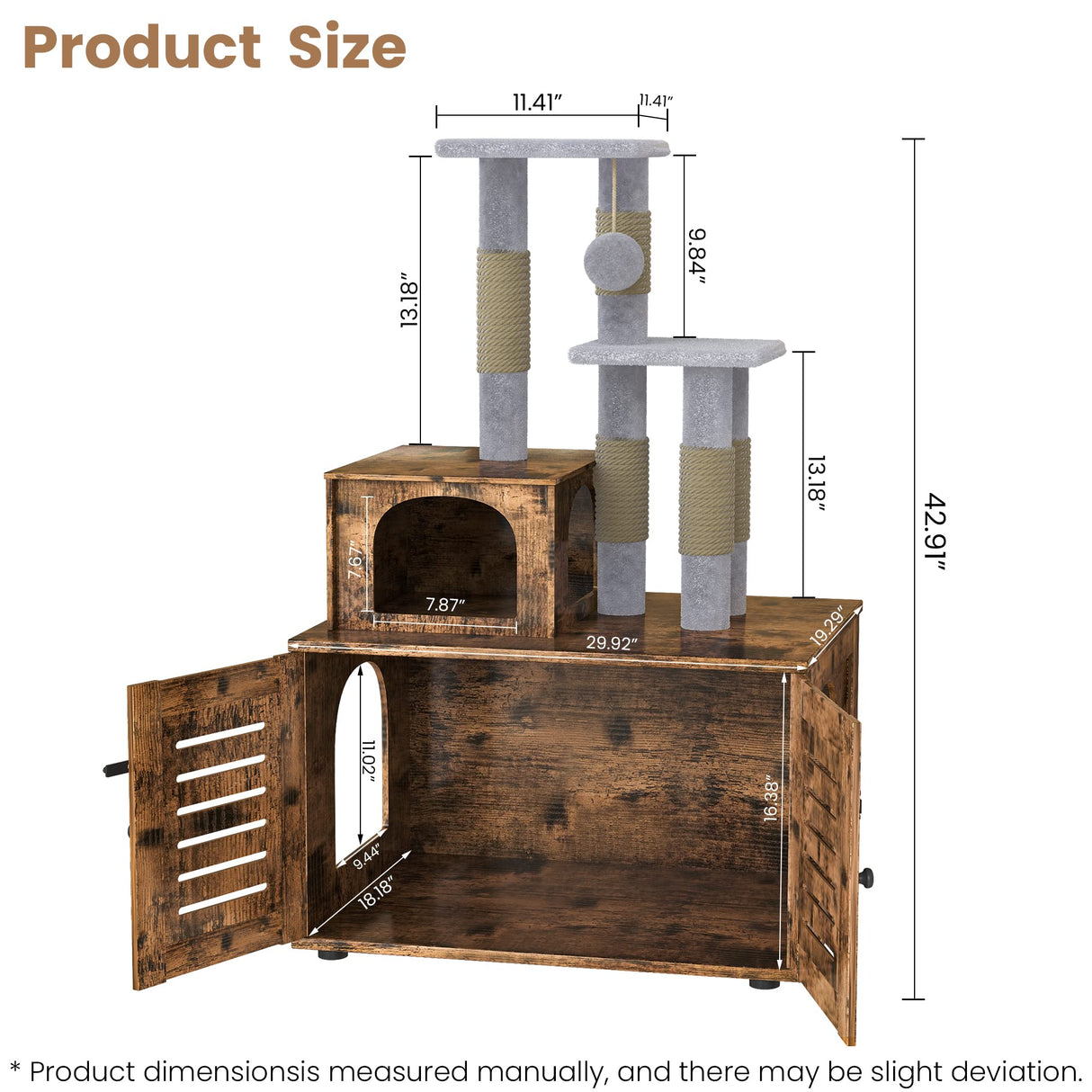 Recaceik Cat Litter Box Enclosure with Cat Tree, Hidden Cat Washroom Furniture with Divider, Wooden Cat House with Platform, Scratching Post and Soft Plush Perch, Indoor Pet Cabinet,Rustic Brown Recaceik