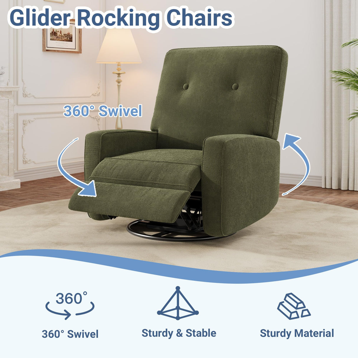 Nursery Recliner Chair, 360° Swivel Rocking Glider Chair for Adults with Adjustable Backrest & Footrest, Cozy Corduroy Upholstered Armchair for Living Rooms, Bedrooms, Apartments, Green Garvee