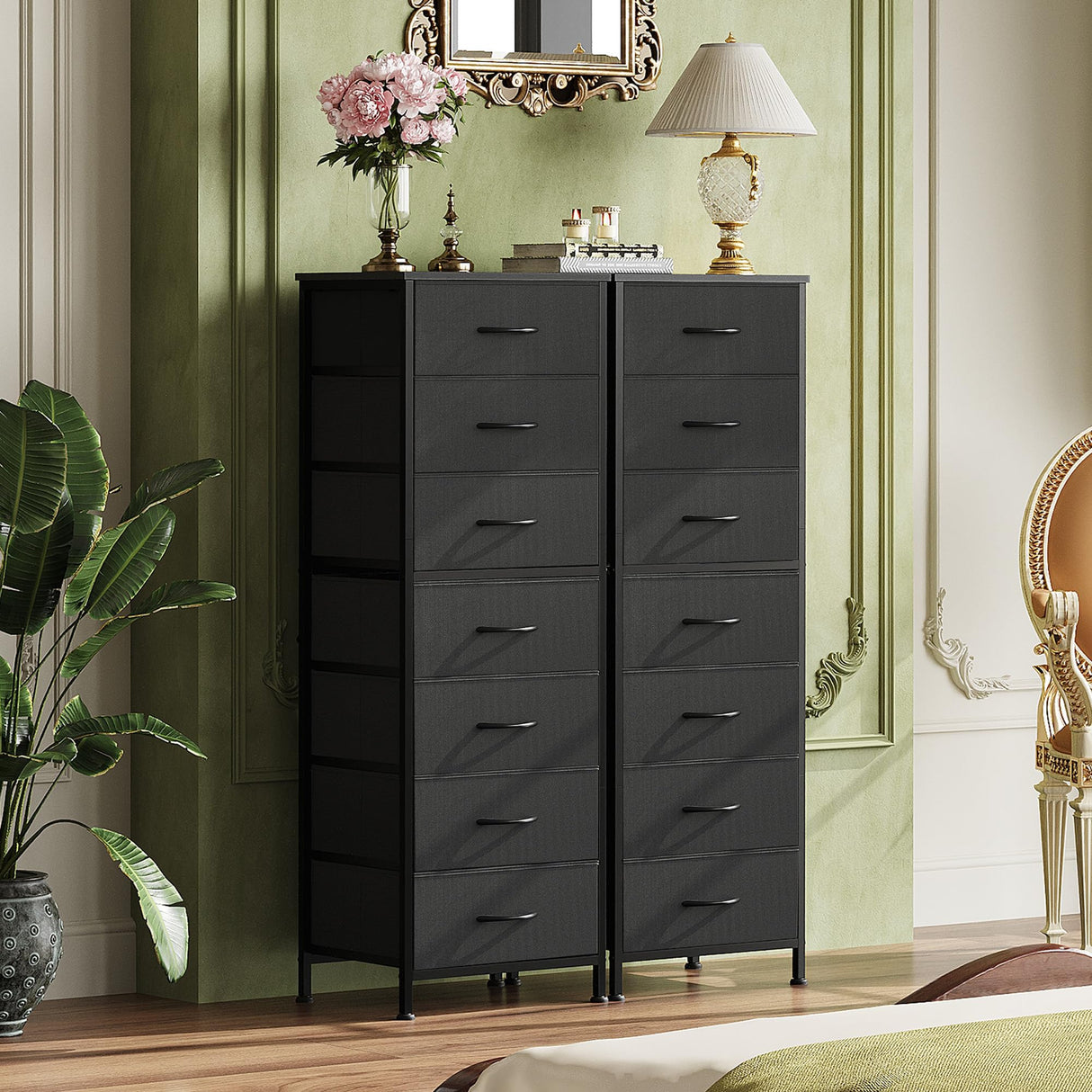WLIVE Black Tall Dresser for Bedroom, 7 Drawer Dressers & Chests of Drawers, Fabric Dresser for Closet, Living Room, Night Stand with Metal Frame, Storage Tower with Fabric Bins, Wood Top WLIVE