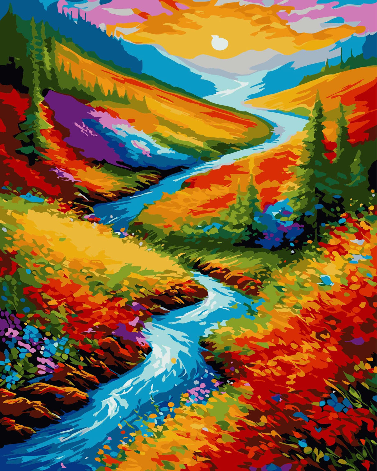 Yunnuo Landscape Paint by Numbers Kits for Adults, Easy Paint by Number Sunset and Creek, DIY Oil Painting with Brushes Acrylic Paints for Home Wall Decor 16x20 Inch Yunnuo