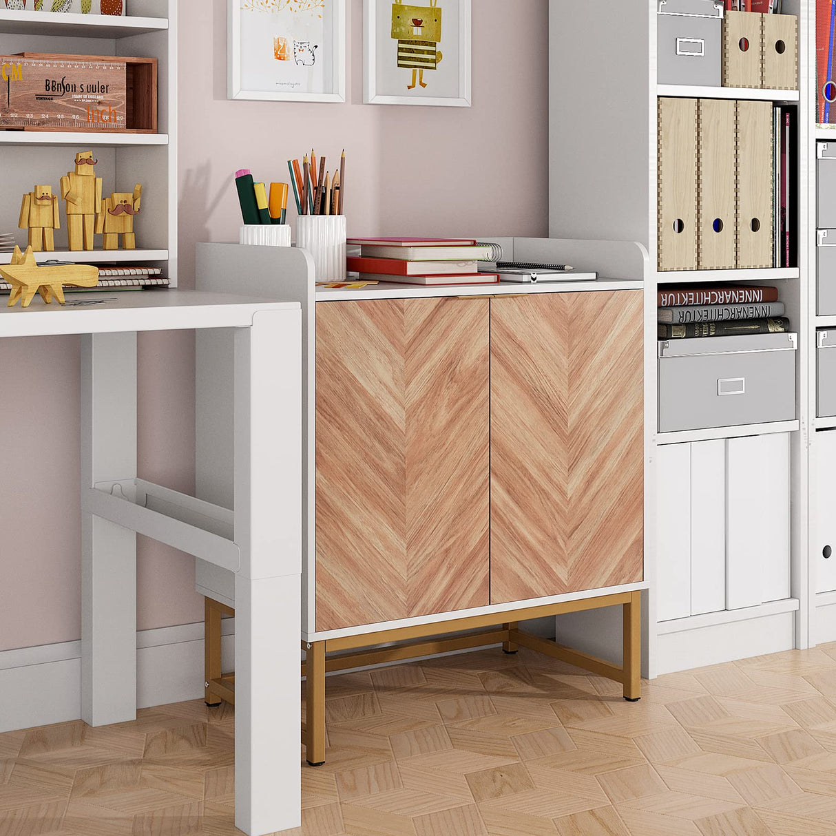 Saudism 29 Gallon Fish Tank Stand, Small Aquarium Stand 20 Gallon with Doors & Adjustable Shelves, Boho Sideboard Coffee Bar Cart, Kitchen Cupboard Console Table, 30.5" LĂ15.7" WĂ35" H, White/Gold Saudism