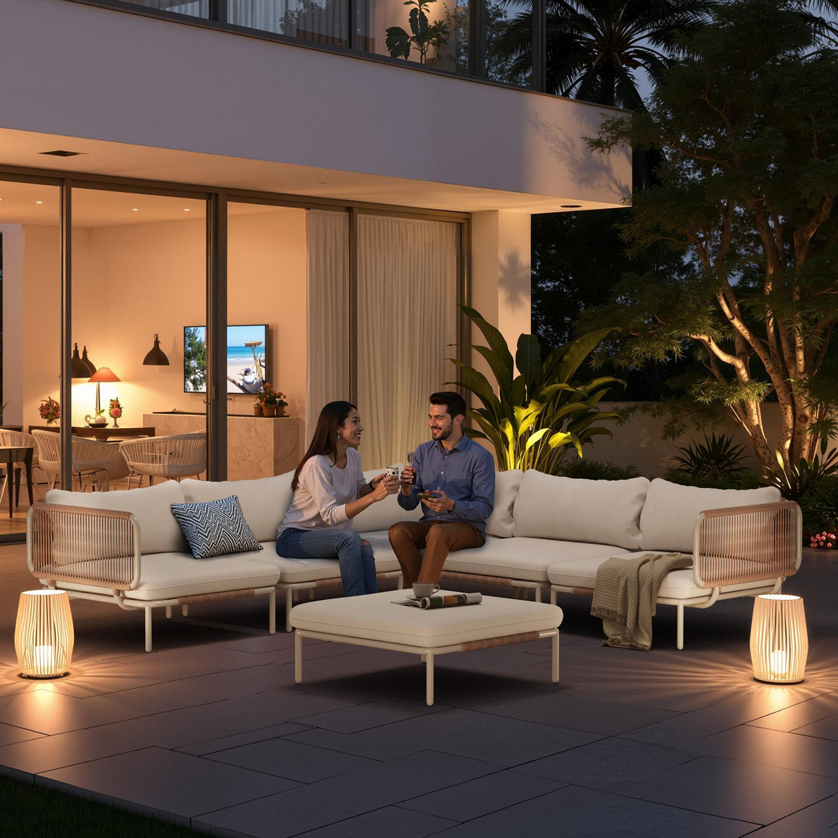 VredHom Patio Furniture Set, Outdoor Patio Furniture Oversized Metal Patio Sectional Sofa, 4-Seat Conversation Set with Cushion for Indoor and Outdoor, White Frame & Beige Mat (4 Seats 8 Armrests) VredHom