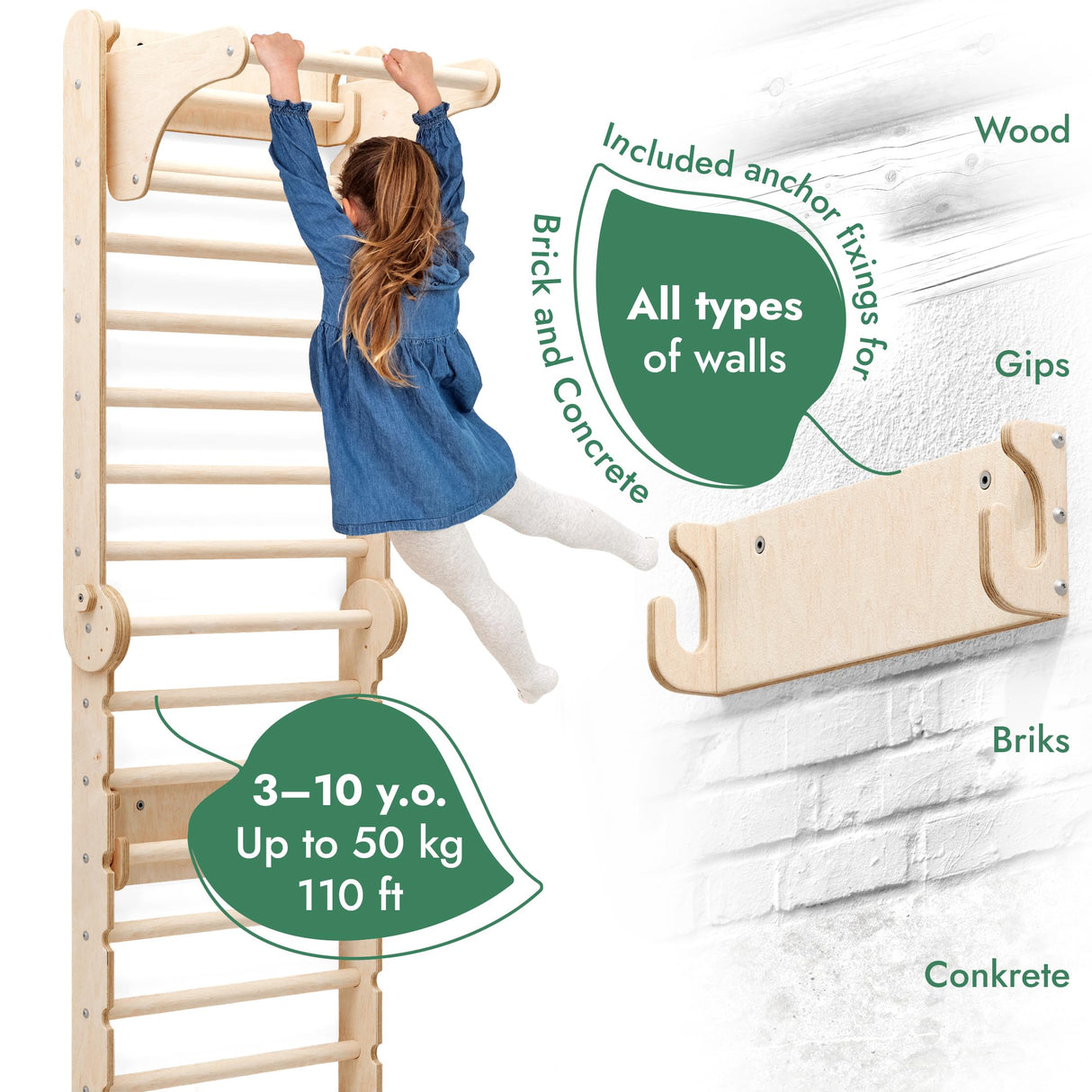 Goodevas Swedish Ladder Indoor Kids Gym - Montessori Play Gym Climbing Set - Wooden Indoor Playground Climbing Toys for Toddlers 1-3 Goodevas