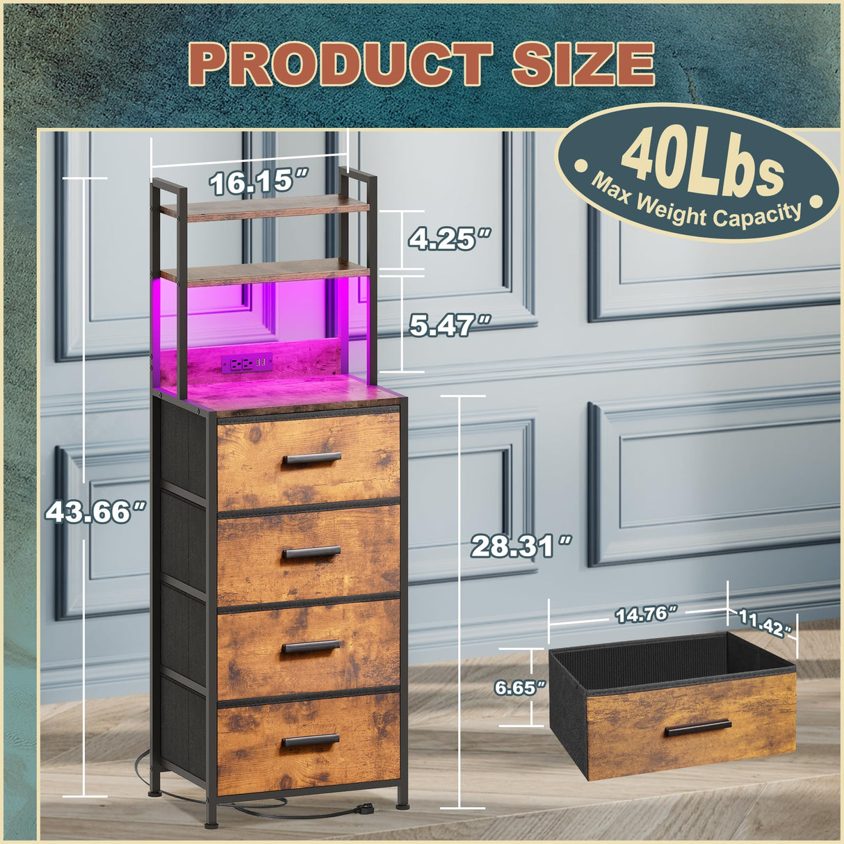 Nightstand 4 Drawer Dresser with LED Lights, Charging Station, Vertical Side Table with Fabric Drawers, End Table with 3 Open Shelves, Tall Dresser for Bedroom, Hallway, Entryway, Rustic Brown EKNKOZY