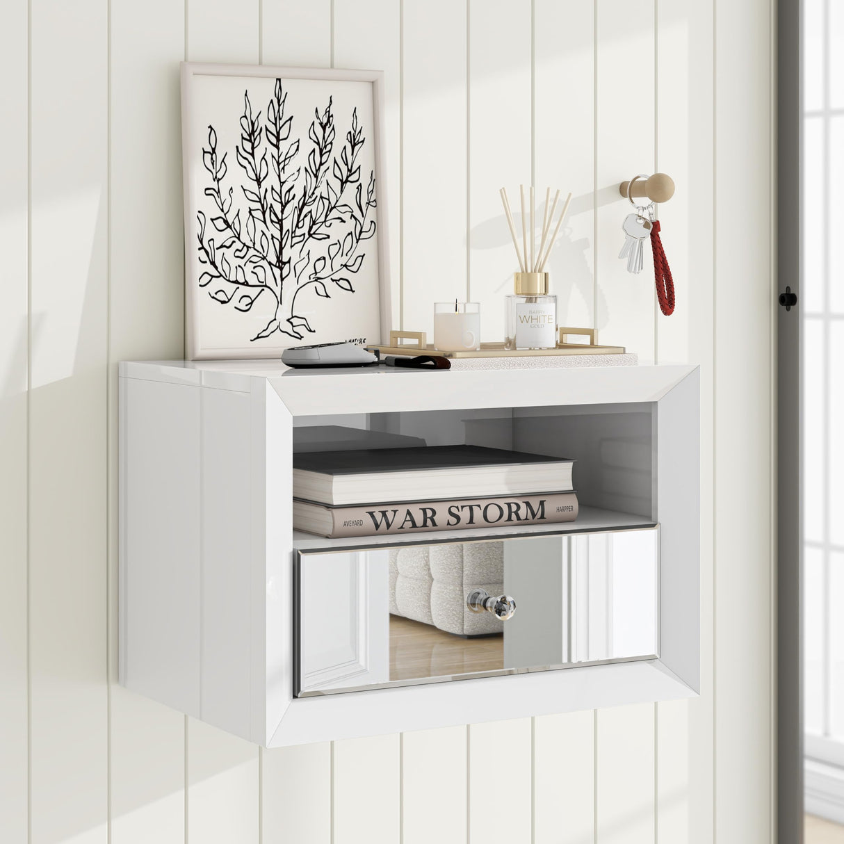 blingworld Floating Nightstand Mirrored, White Wall Mounted Night Stand with Mirrored Storage Drawer Premium Quality Floating End Table blingworld