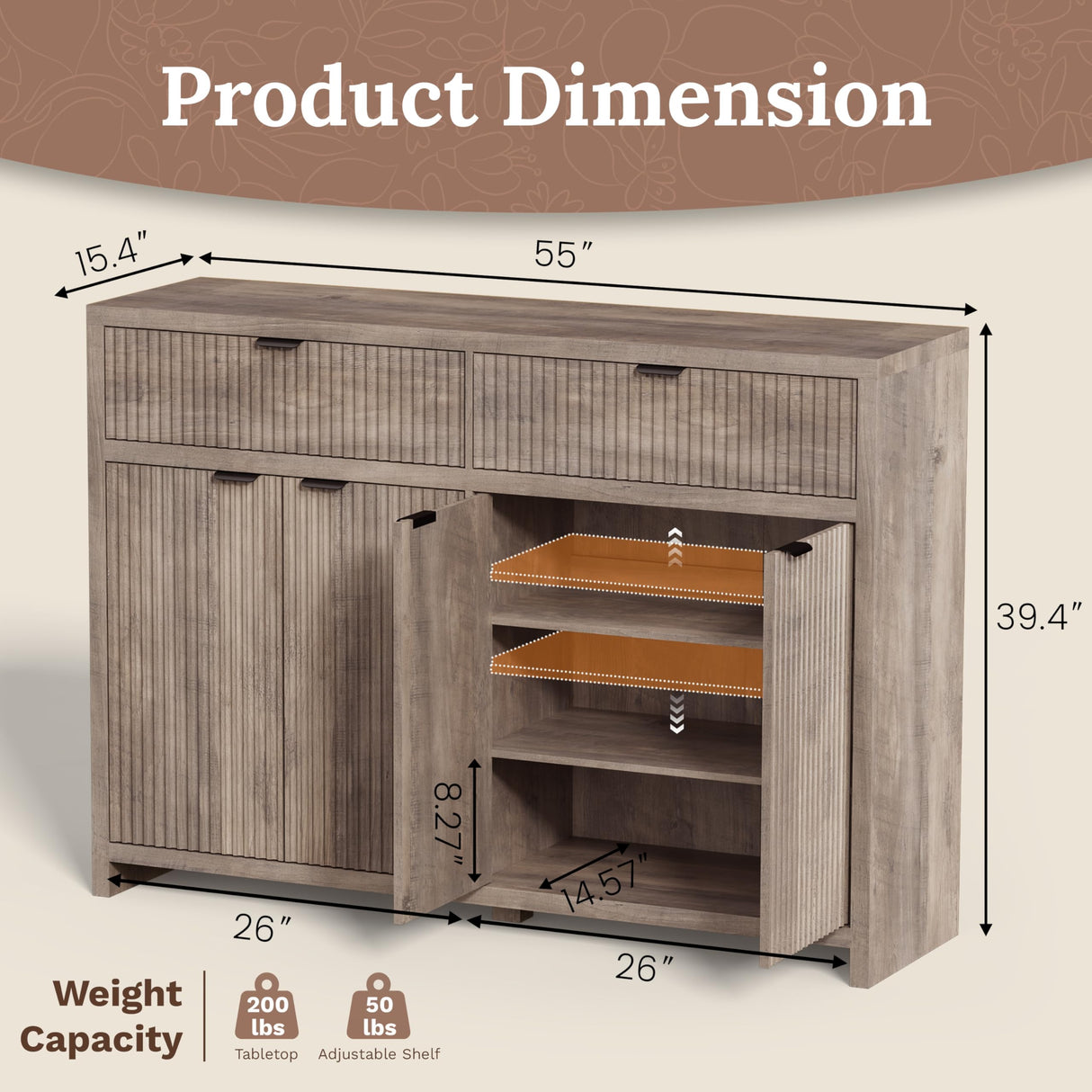 Boonatu Fluted Sideboard Buffet Cabinet with Storage Drawers, 55" Large Accent Storage Cabinet with Doors and Adjustable Shelf, Modern Farmhouse Credenza for Entryway, Kitchen, Living Room - Gray Boonatu