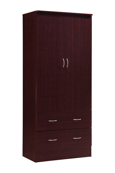 HODEDAH 2 Door Wood Wardrobe Bedroom Closet with Clothing Rod inside Cabinet and 2 Drawers for Storage, Mahogany