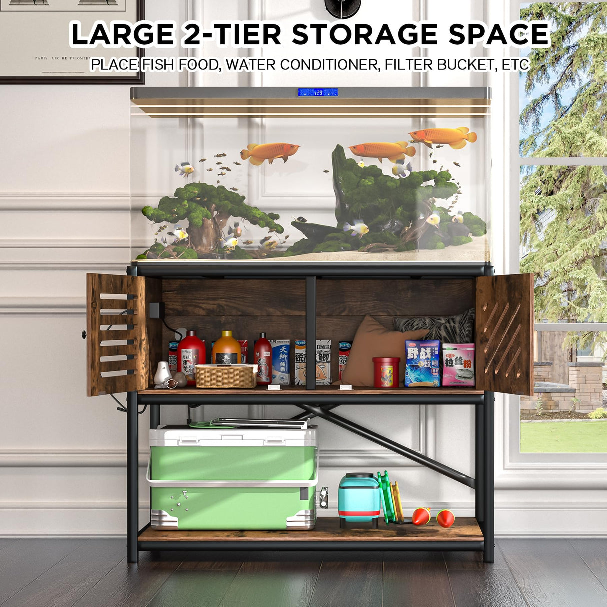 MELLCOM 40-50 Gallon Fish Tank Stand with Power Outlets and LED Light, Metal Aquarium Stand with Cabinet for Fish Tank Accessories Storage, Turtle Reptile Terrariums Stand Rack, Tank not Included MELLCOM