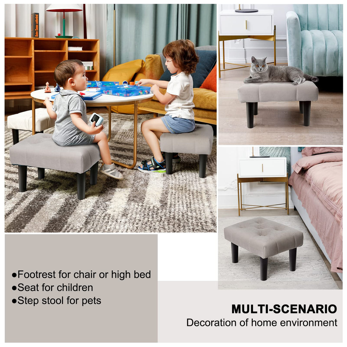 HOUCHICS Small Footstool Ottoman, Velvet Wooden Foot Stool Ottoman with Wood Legs, Sofa Footrest Extra Seating for Living Room Entryway Office(Grey 1PACK) HOUCHICS