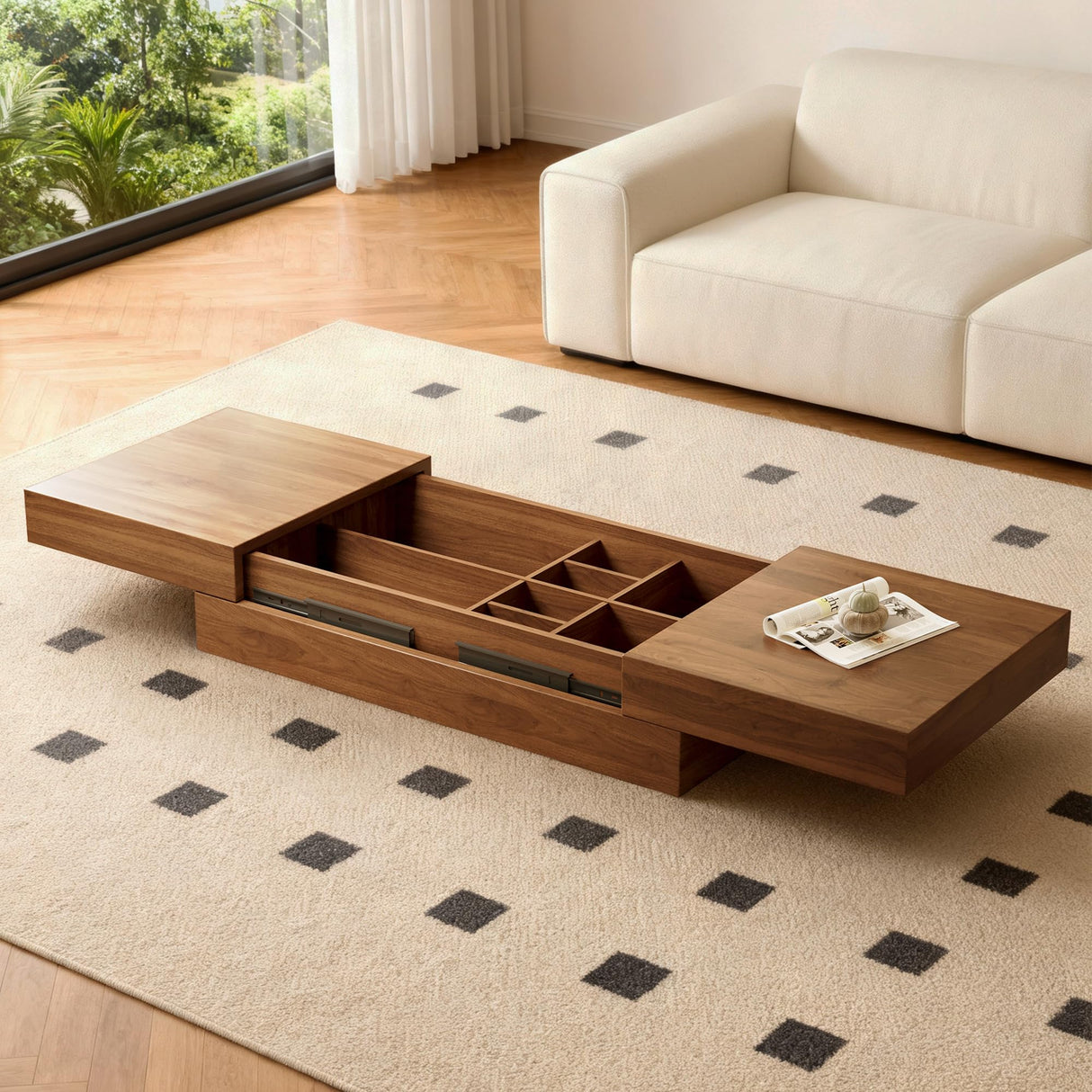 Pajiasen Mid-Century Modern Farmhouse 47.2-81.8" Expandable Coffee Table,Adjustable Center Table with Large Storage for Living Room, Walnut Pajiasen