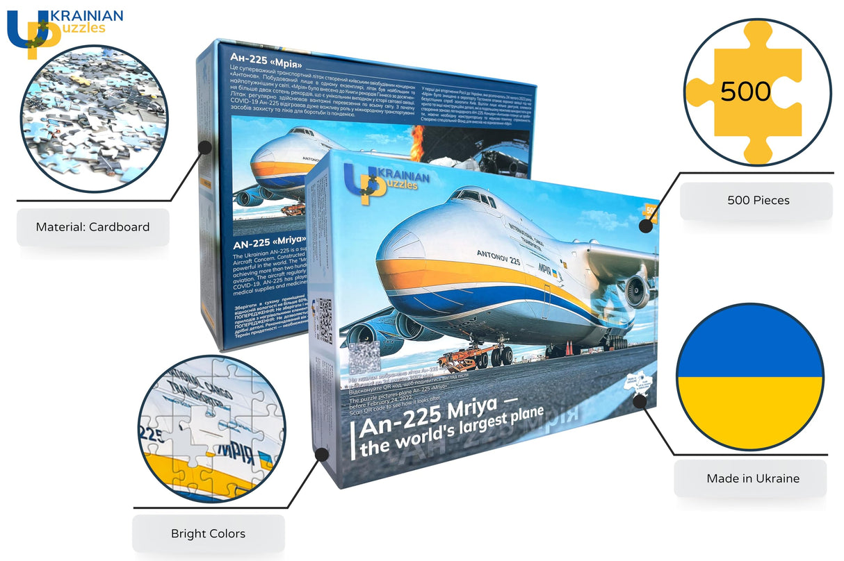 The World's Largest Plane AN-225 Mriya - Ukrainian Jigsaw Puzzle 500 Sturdy Pieces - Unique Design Travel Souvenir Culture Gift World Family Activity - Made in UA - 18.5ร12.6 in Ukrainian Puzzles