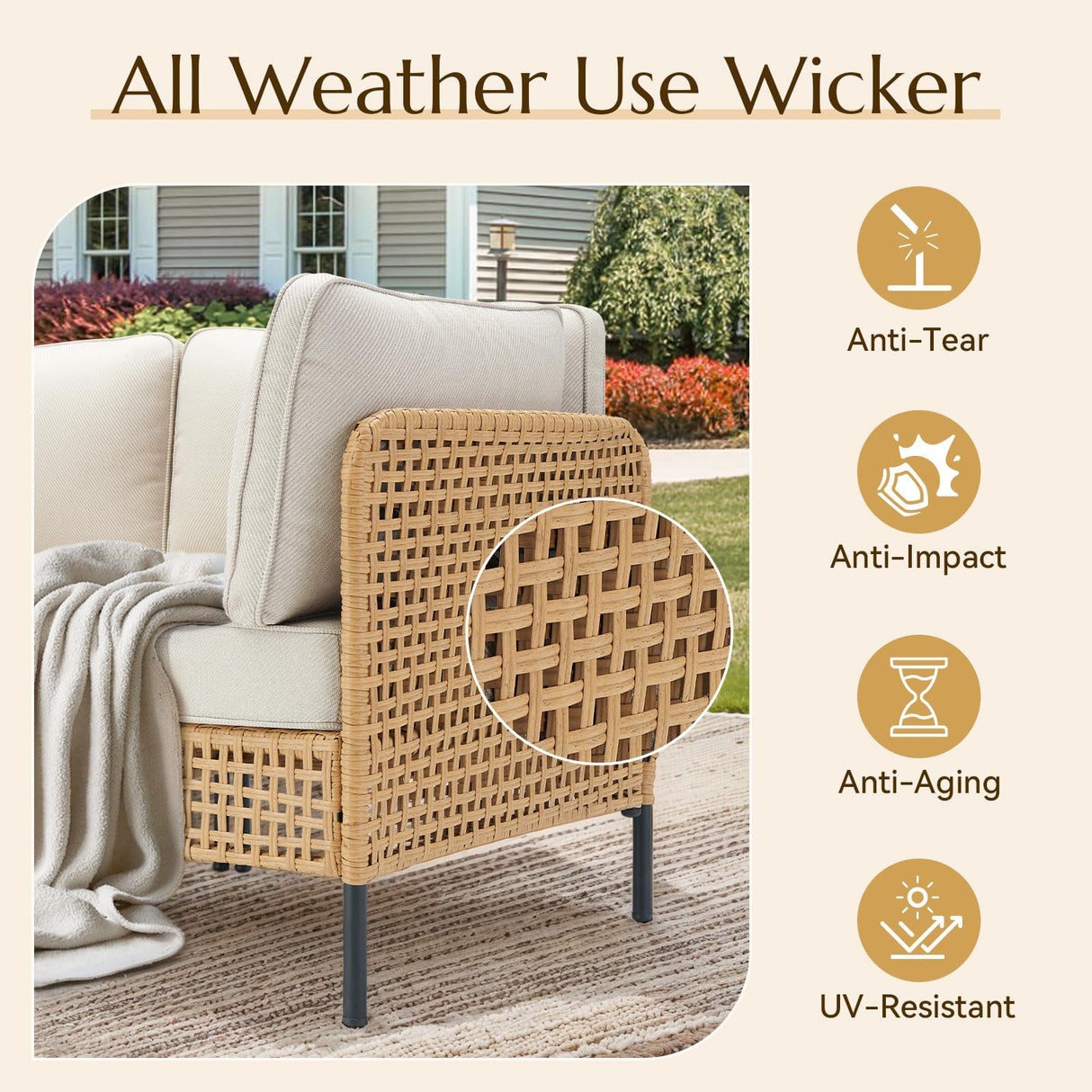 Outdoor Patio Furniture, 7-Piece Wicker Patio Furniture Set, Boho Patio Conversation Sets Sectional Sofa with All Weather Rattan Thick Cushions, Outdoor Sectional Sofa Set with Coffee Table, Beige PPorfamilia