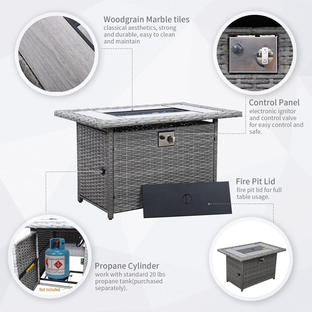 Patio Furniture Set 45-Inch Fire Pit 7-Piece Outdoor Furniture Sets Patio Couch Outdoor Chairs 60000 BTU Wicker Propane Fire Pit Table with No-Slip Cushions and Waterproof Covers, Navy Blue Rattaner