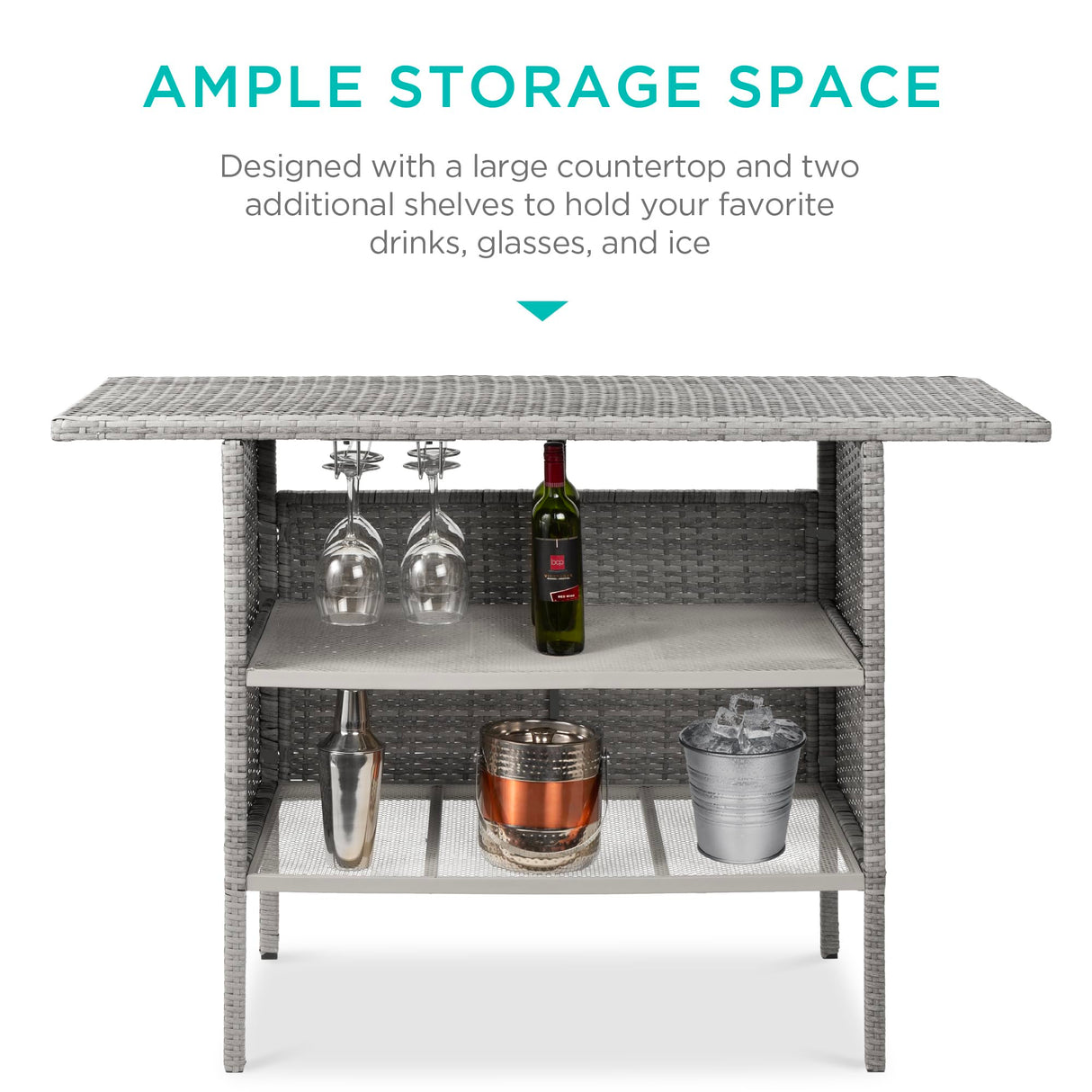 Best Choice Products Outdoor Patio Wicker Bar Counter Table Backyard Furniture w/ 2 Steel Shelves and 2 Sets of Rails - Gray Best Choice Products