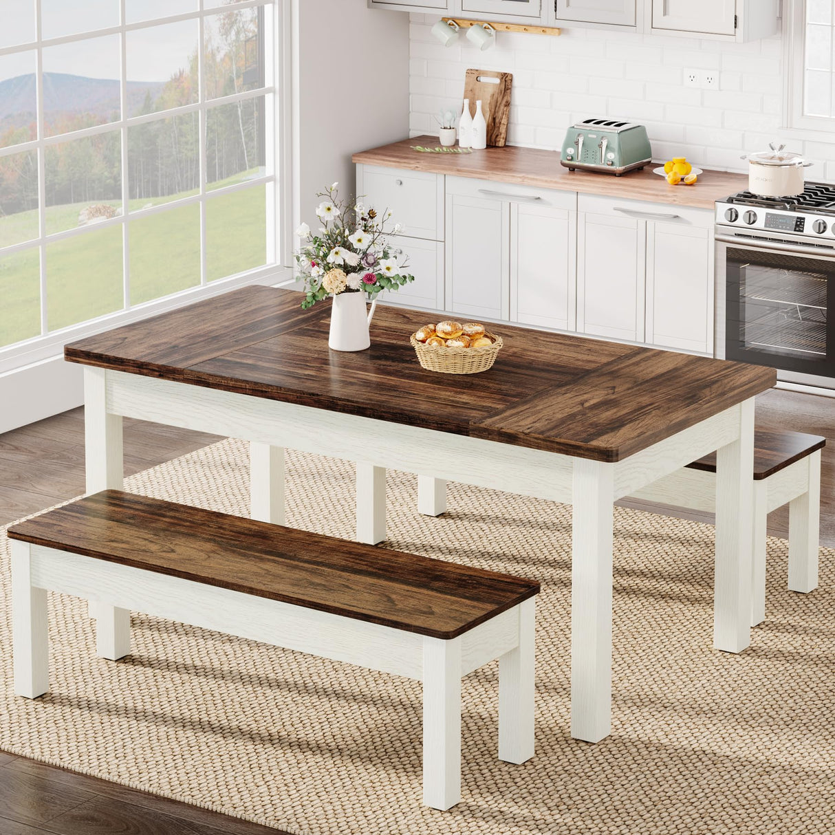 Tribesigns 3 Pieces Dining Table Set with 2 Benches, 55-Inch Wood Kitchen Table Set for 4-6, Farmhouse Space-Saving Dinette for Kitchen, Dining Room (Brown&White) Tribesigns