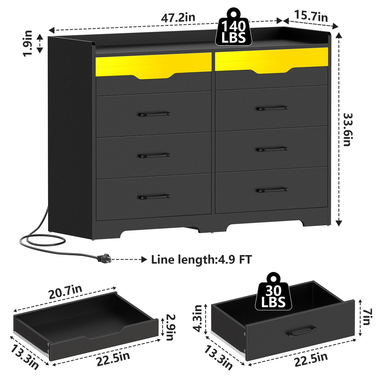 OTUTUMUS 6 Drawer Dresser for Bedroom with Charging Station & LED Light, 47.2" Black 6 Drawer Dresser with 2 Pull-Out Tray, Wood Dresser Organizer for Living Room/Closet/Hallway OTUTUMUS
