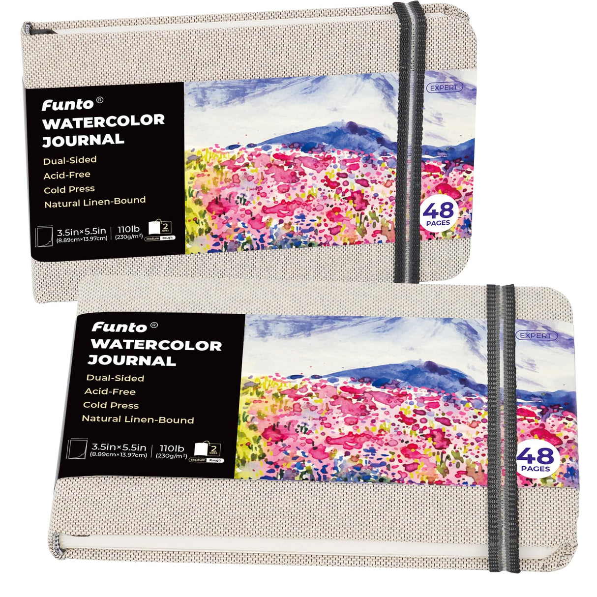 Funto Watercolor Journal, 3.5x5.5, 2 Pack, 48 Pages Each, Cold-Pressed with Inner Pocket, 110lb/230gsm, Suitable for Techniques and Mixed Media Funto