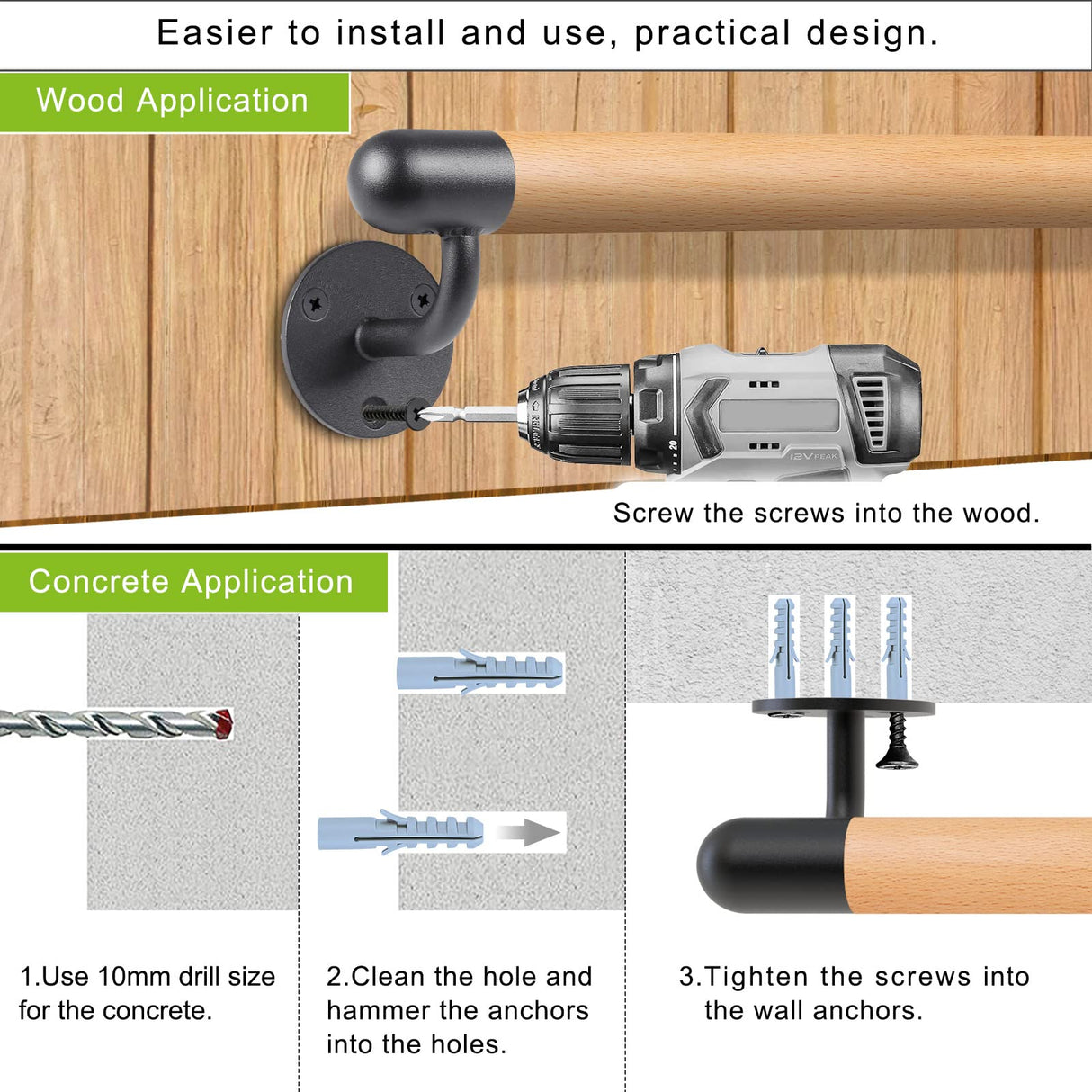 Dolibest 100 inch Wood Handrail Indoor Stairs Handrail Wall Mount Handrail w/Sturdy Metal Barckets, Non-Slip and Comfty Handrail Barrier-Free Staircase Grab Bar for Elderly, 1-1/2'' Round Dolibest