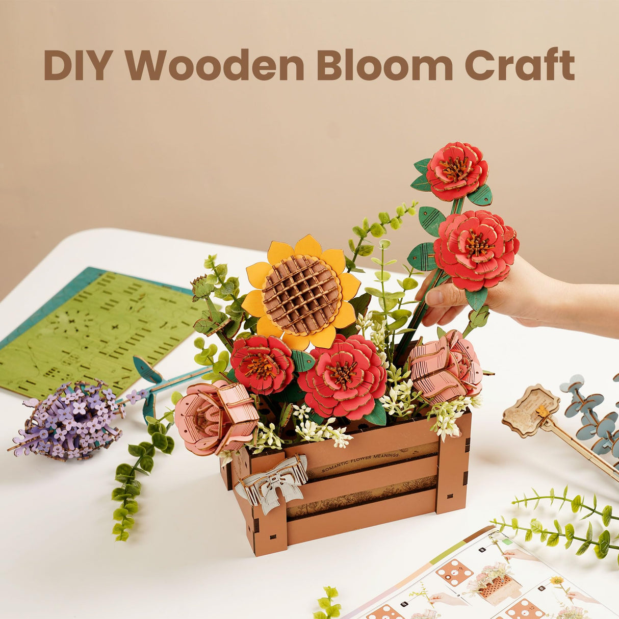 ROBOTIME 3D Wooden Bloom Box Puzzle, Adults' Flower Bouquet Building Set, Artificial Flowers Home Decor, Gift for Wedding/Mother's Day/Birthday, Wood Craft Kit ROBOTIME