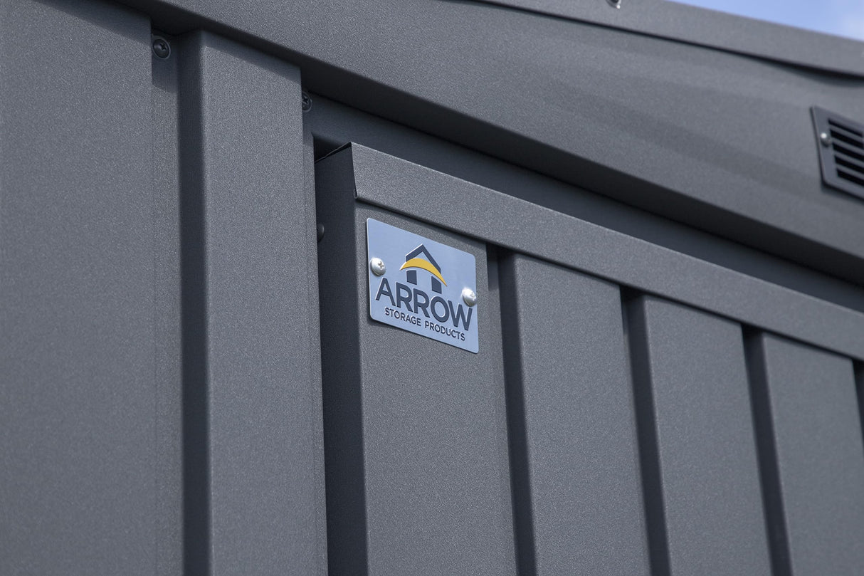 Arrow Shed Elite 14' x 12' Tall Outdoor Steel Storage Shed with High Gable and Lockable Doors Storage Building, Anthracite Arrow