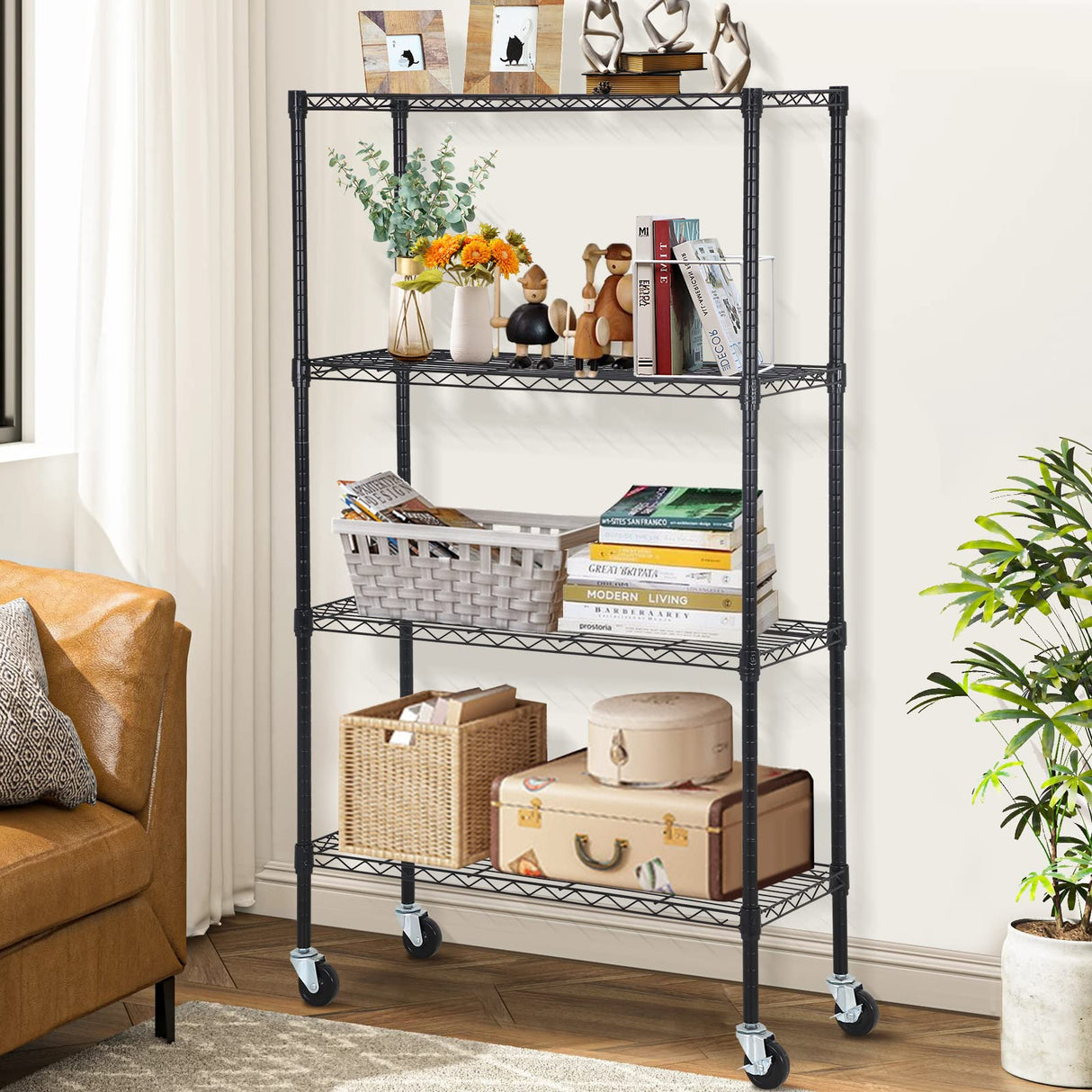 Dkelincs Wire Shelving Unit 36''L×14''W×62''H NSF Metal Storage Shelves 4 Tier Height Adjustable Wire Shelf with 4 Wheels for Kitchen Office Pantry Bathroom Garage, Black Dkelincs