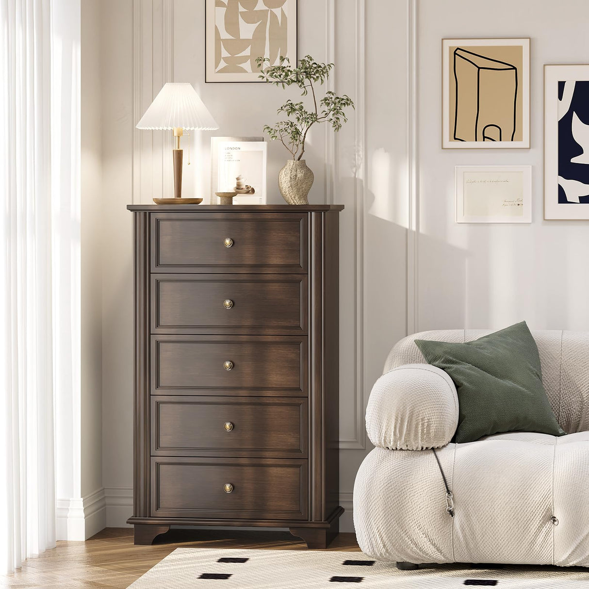 VINGLI 47" Tall Dresser 5 Drawer Chest of Drawers, Wood Dresser for Bedroom, Brown Chest Dressers Wooden VINGLI