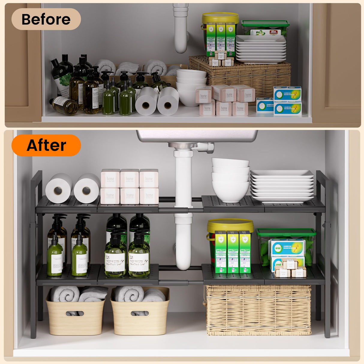 Under Sink Organizer and Storage 16.5"-30.7" Expandable Length, Adjustable Height Under Sink Shelf 2 Tier with 11" Removable ABS Panels & Metal Frame for Bathroom Kitchen Pantry Cabitnet Pot and Pan GEMWON