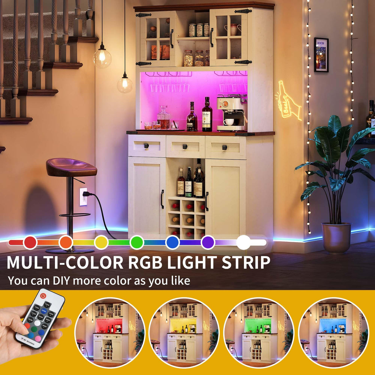 DWVO Coffee Bar Cabinet with Power Outlet/Lights, 72" Farmhouse Pantry Cabinet with Storage Shelves and 3 Drawers, Tall Liquor Cabinet Bar Cabinets for Home/Living Room, Antique White DWVO