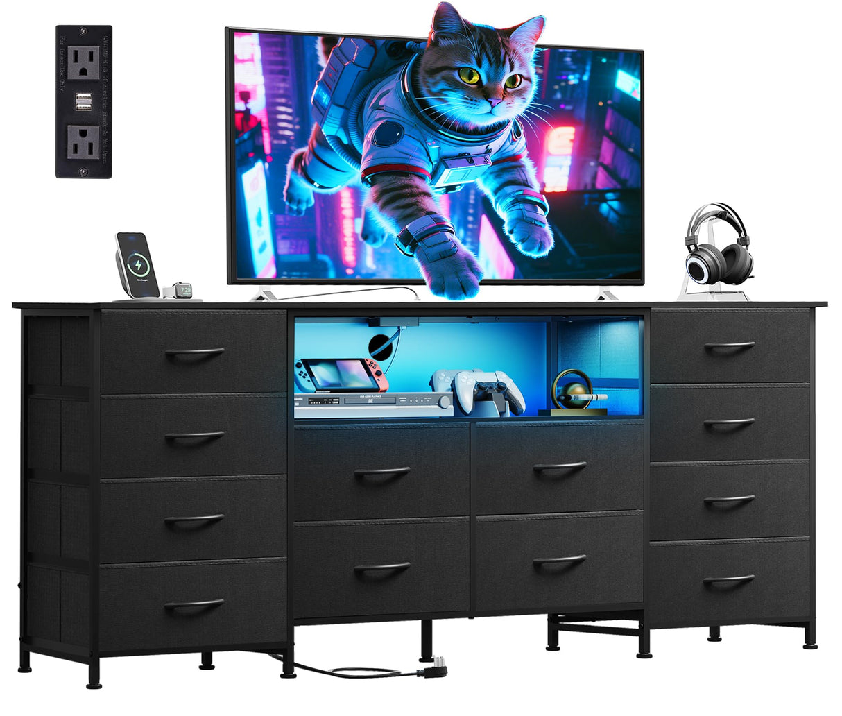 WLIVE 12 Drawer Dresser for Bedroom, Black Dresser TV Stand for 65, 70, 75 inch TV with Led Light & Charging Station, Wide Chest of Drawers with Open Shelves, Fabric Dressers for Closet, Living Room WLIVE
