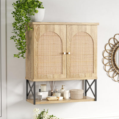 Rattan Bathroom Wall Cabinet, Boho Medicine Wall Cabinet with Double Doors and Adjustable Shelves, Tall Kitchen Wall Mounted Storage Cabinet, Floating Space Saver Over Toilet, Natural