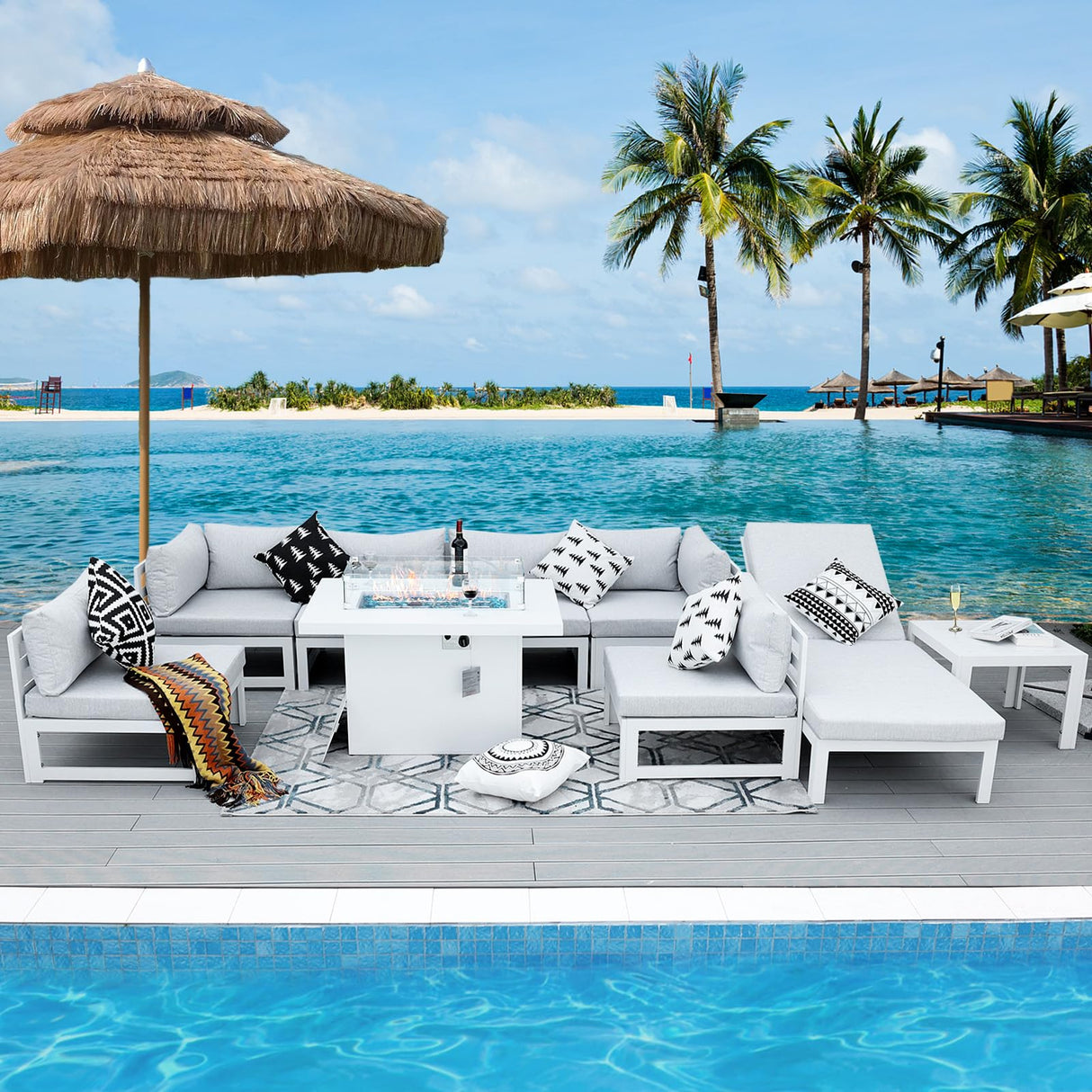 RADIATA 9 Pieces Aluminum Patio Furniture Set with Fire Pit Table, Morden Outdoor Sectional Sofa, Large Conversation Seat with Thick Cushion for Garden Backyard Deck Porch (White) RADIATA