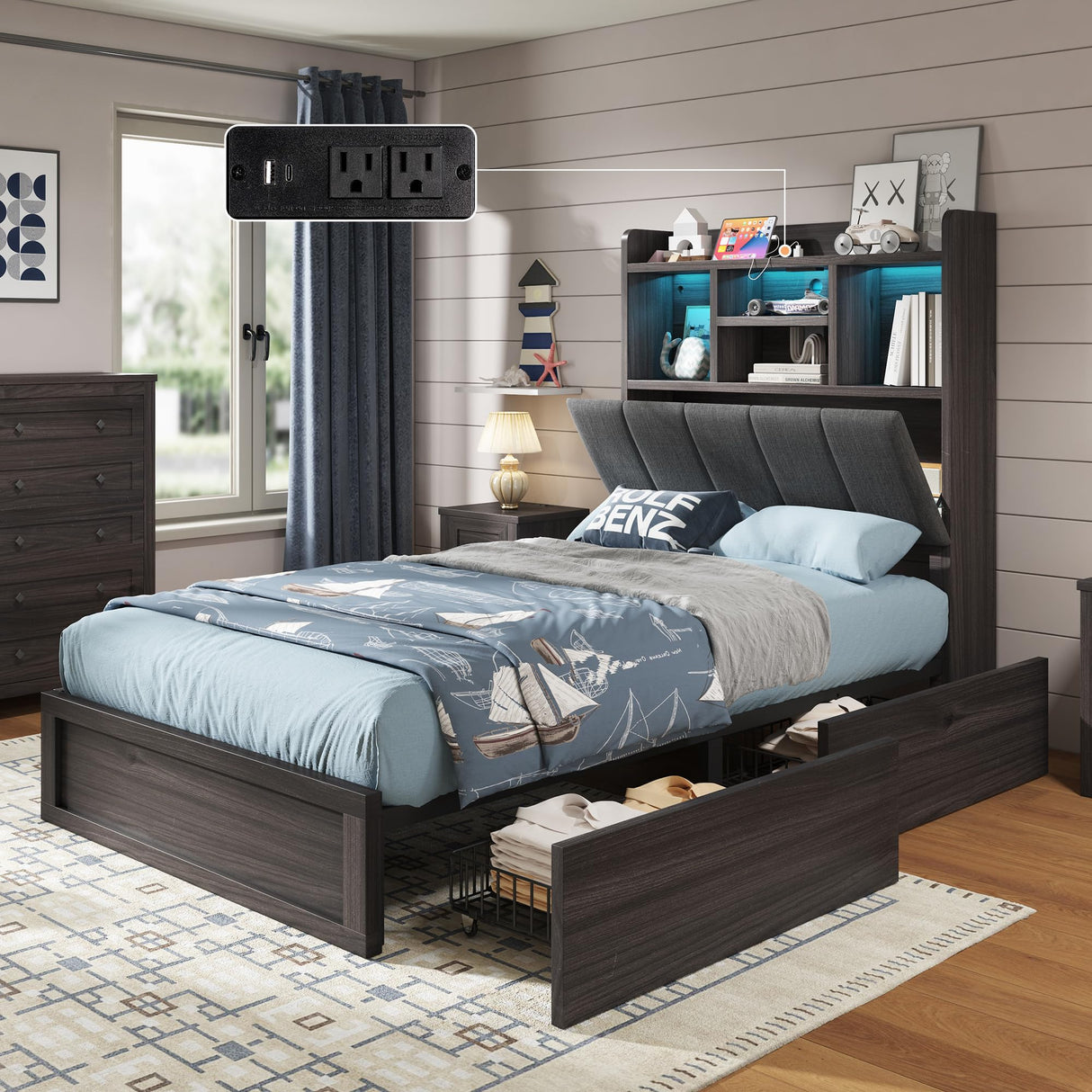 AMERLIFE Twin Bed Frame with 51.2" Tall Bookcase Headboard, Farmhouse Platform Bed with 4 Storage Drawers, Linen Upholstered, Charging Station & Storage, Rustic Black AMERLIFE