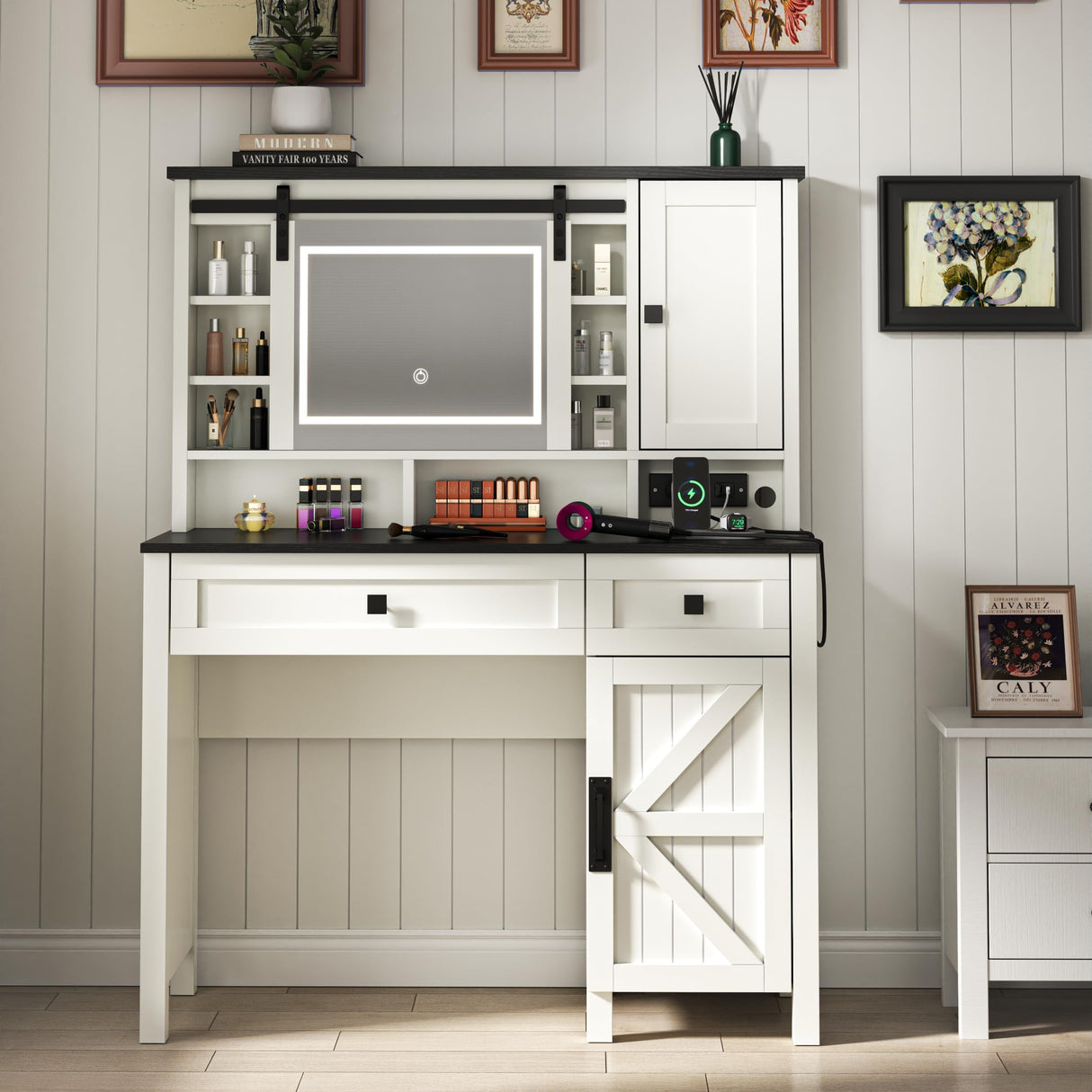 Loomie Farmhouse Vanity Desk with Sliding Mirror & Lights, Makeup Vanity Table with Power Outlet, 2 Drawers, 2 Cabinets & 2 Cubbies, Dressing Table with 3 Color Lighting Modes for Bedroom (White) Loomie