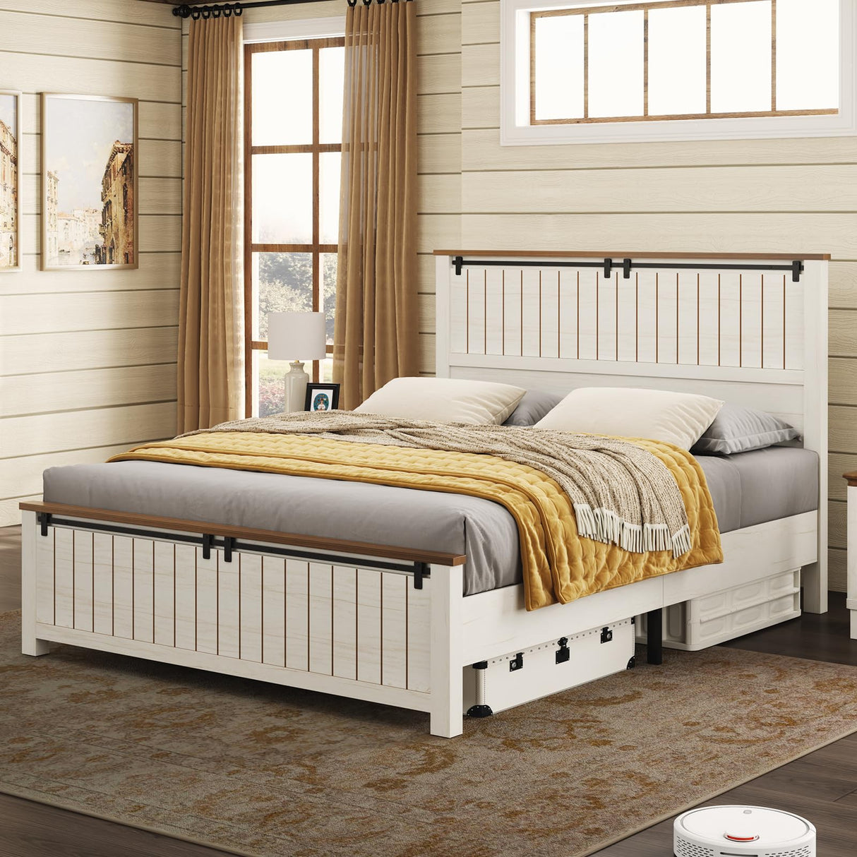 LUXOAK Farmhouse Full Size Bed Frame with 47" Tall Headboard, Wooden Bed Frame with Groove Sliding Barn Door Footboard, Platform Bed with Wood Slats Support, Noiseless No Box Spring Needed, White LUXOAK