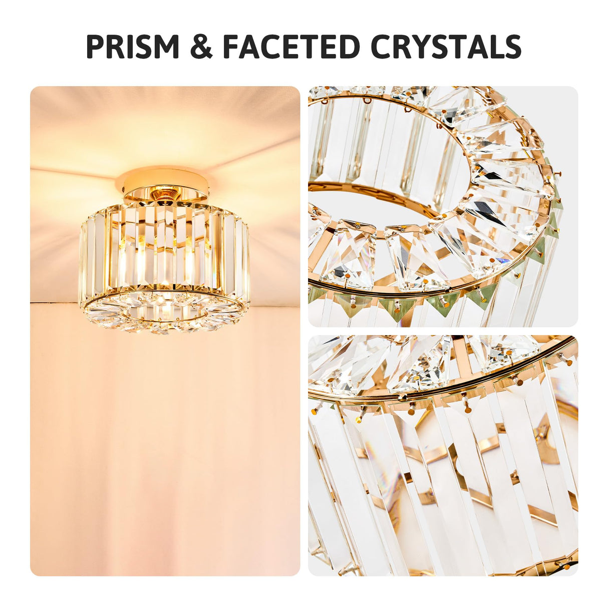 VONLUCE Crystal Ceiling Light Fixture, Semi Flush Mount Ceiling Light Modern Crystal Hallway Light, Gold Flush Mount Chandelier for Entryway Kitchen Bedroom Living Room Entryway VONLUCE