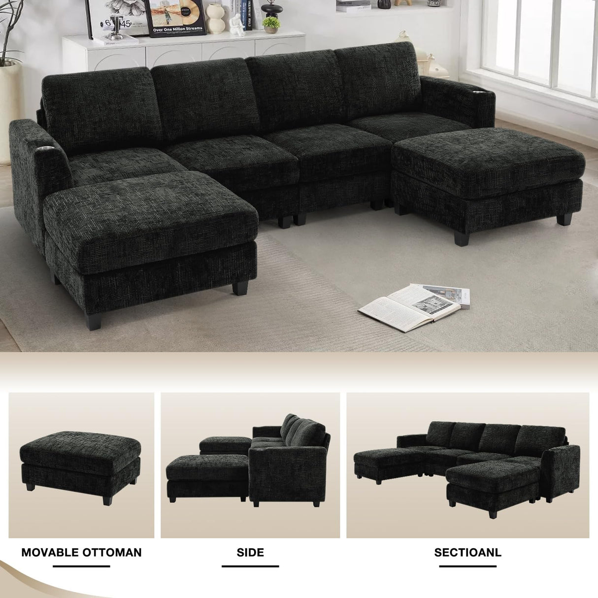 Lesofair 110" Chenille Sectional Sofa with Movable Ottomans, Modular U-Shape Couch with Cup Holders, Convertible 4 Seater Sofa with Well-Filled Backrest Cushions for Living Room, House, Black Lesofair