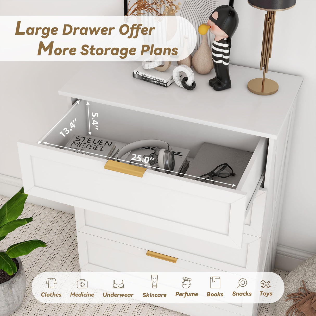 FTZxHKLX White 4 Drawer Dresser for Bedroom, Tall Bedroom Dresser with Large Drawer & Golden Handles, Wooden Storage Organizer Cabinet Chest of Drawer for Closet, Living Room, Hallway, Children's Room FTZxHKLX