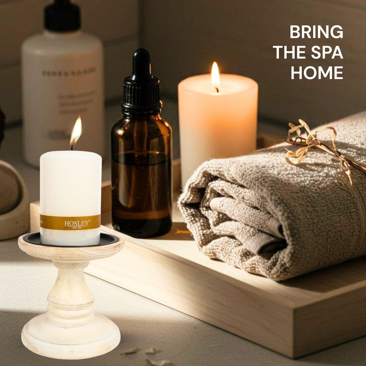 Hosley White 5 Inch High Wooden Pillar Candle Holder Country Style. Ideal Gift for Wedding Party Home Spa Reiki Aromatherapy LED Votive Candle Gardens W1 Hosley