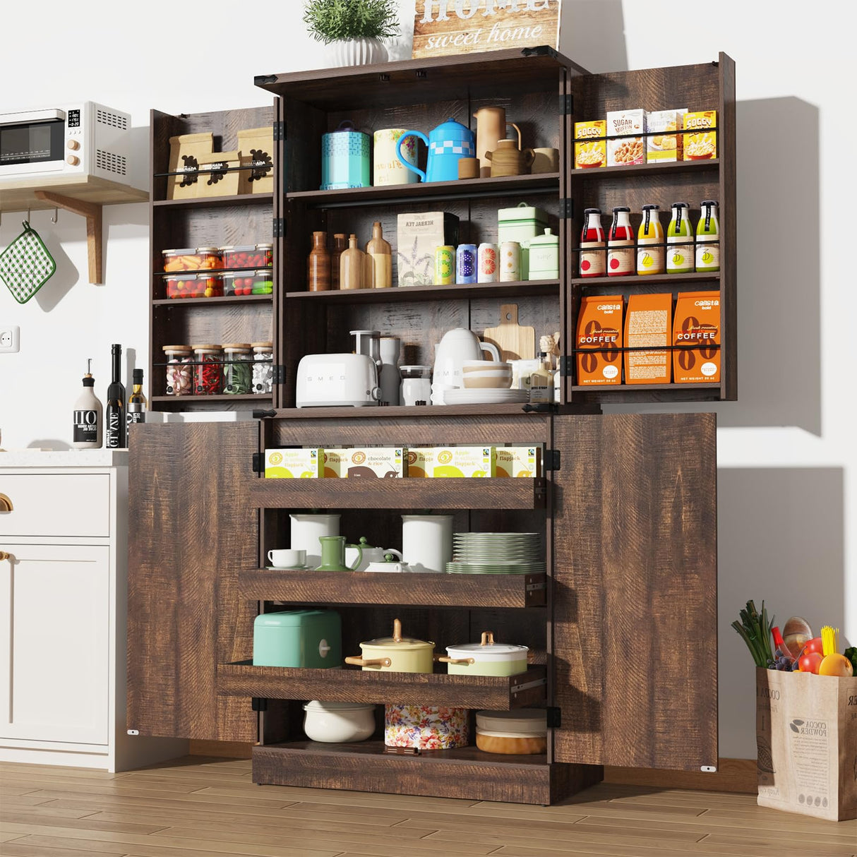 Hlivelood Farmhouse Kitchen Pantry Cabinet with 3 Drawers,71" Tall Rustic Wood Storage Cabinet with 6 Door Shelves,with Load-Bearing Steel Pipe,Pantry Organizers for Kitchen,Dining Room(Brown) Hlivelood