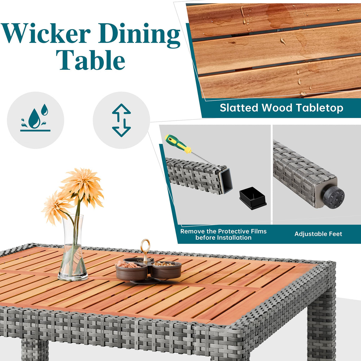 Shintenchi 5 Piece Patio Dining Set, Wicker Patio Conversation Set with Wooden Table Top, Outdoor Table and Chairs with Soft Cushions for Backyard, Deck and Garden, Grey Wicker Shintenchi