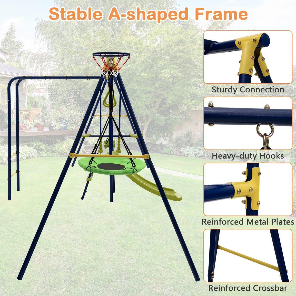 HONEY JOY Swing Set, 660lbs 7-in-1 Heavy Duty Swingset Outdoor for Kids w/A-Frame Metal Swing Stand, 2 Swings, Glider, Gym Rings, Slide, Monkey Bar, Basketball Hoop, Swing Sets for Backyard HONEY JOY