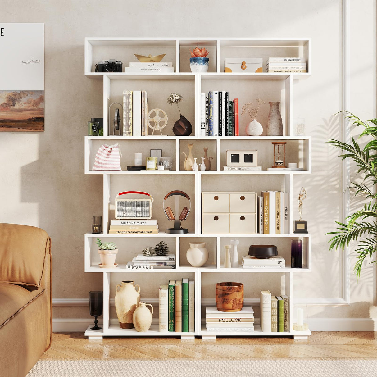 Tangkula 6-Tier S-Shaped Bookshelf, 64" Freestanding Geometric Bookcase, Home Office Wood Storage Shelf with Anti-Toppling Device, Room Divider Display Rack for Study, Living Room (1, White) Tangkula