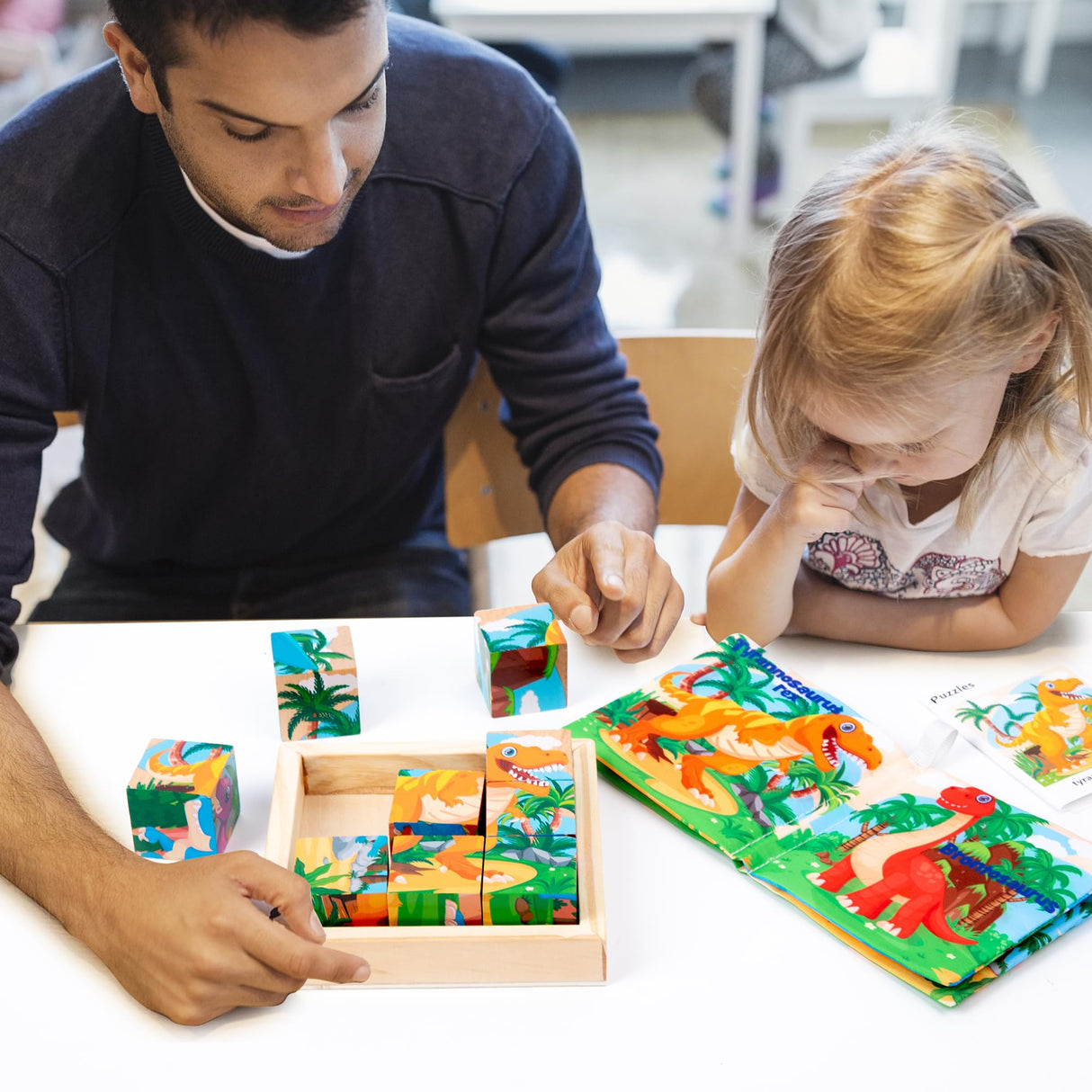 Wooden Dinosaur Block Puzzles for Kids Ages 3-5 with Baby Book, Jigsaw Puzzles Preschool Educational Interactive Toys Gift for Boys Girls, Wood Dino Cube Puzzles for Toddlers 2 3 4 5 6 Years Old PLUSYARD