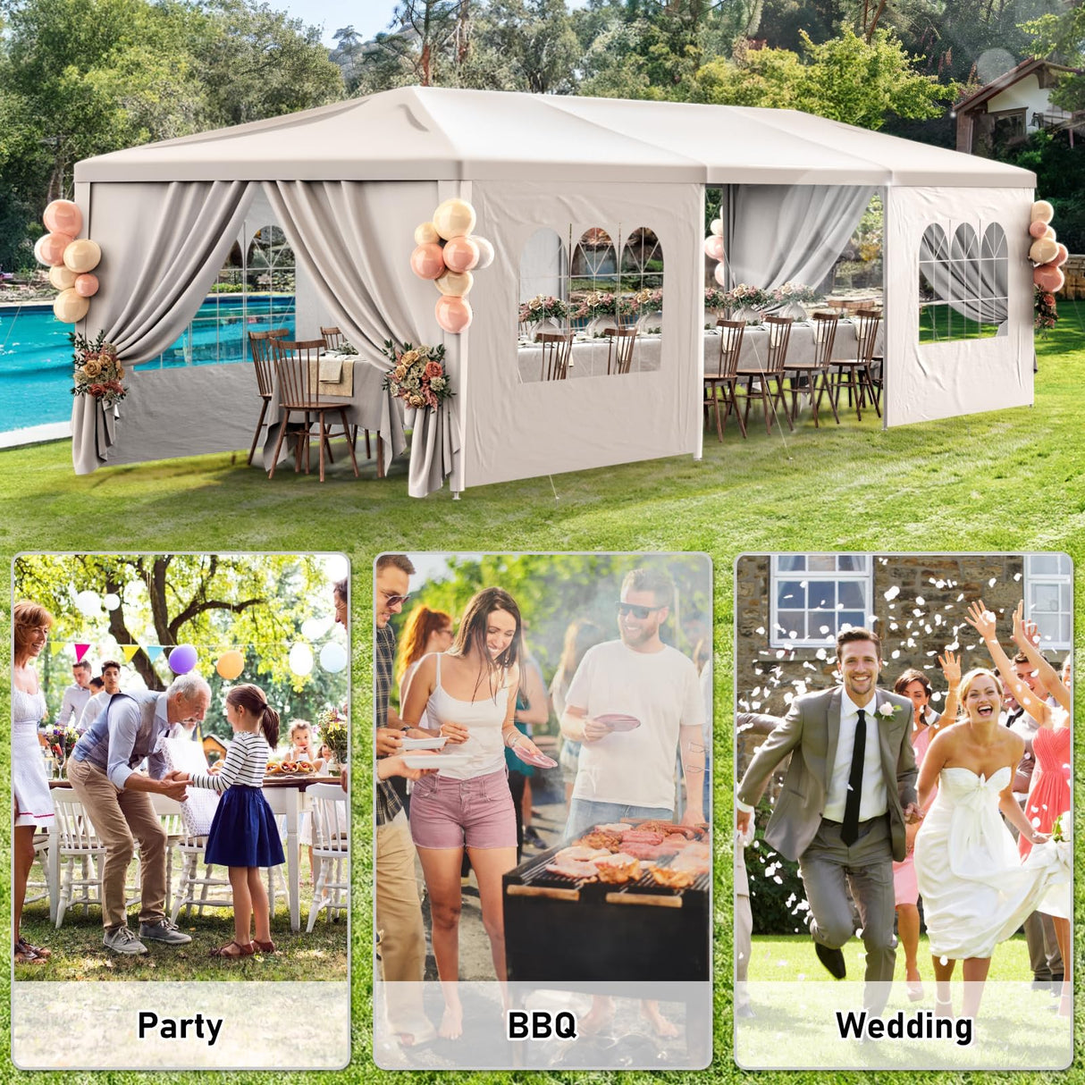 White Party Tent 10X30 Outdoor Canopy Tents for Parties Heavy Duty Waterproof Patio Gazebo Shelter with 7 Removable Sidewalls Wedding BBQ Events Tent for Birthday Holiday Backyard Garden Christmas susici