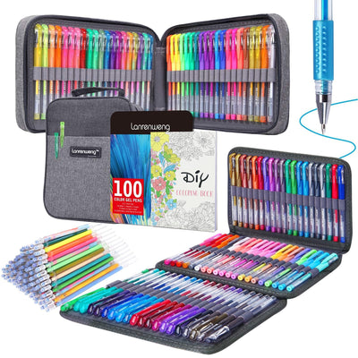 LANRENWENG 200 Pack Gel Pen Set 100 Colored Gel Pen with 100 Refills,Glitter Gel pens 40% More Ink with Canvas Bag for Kids Coloring Books Drawing Crafts Scrapbooks Journaling Planner