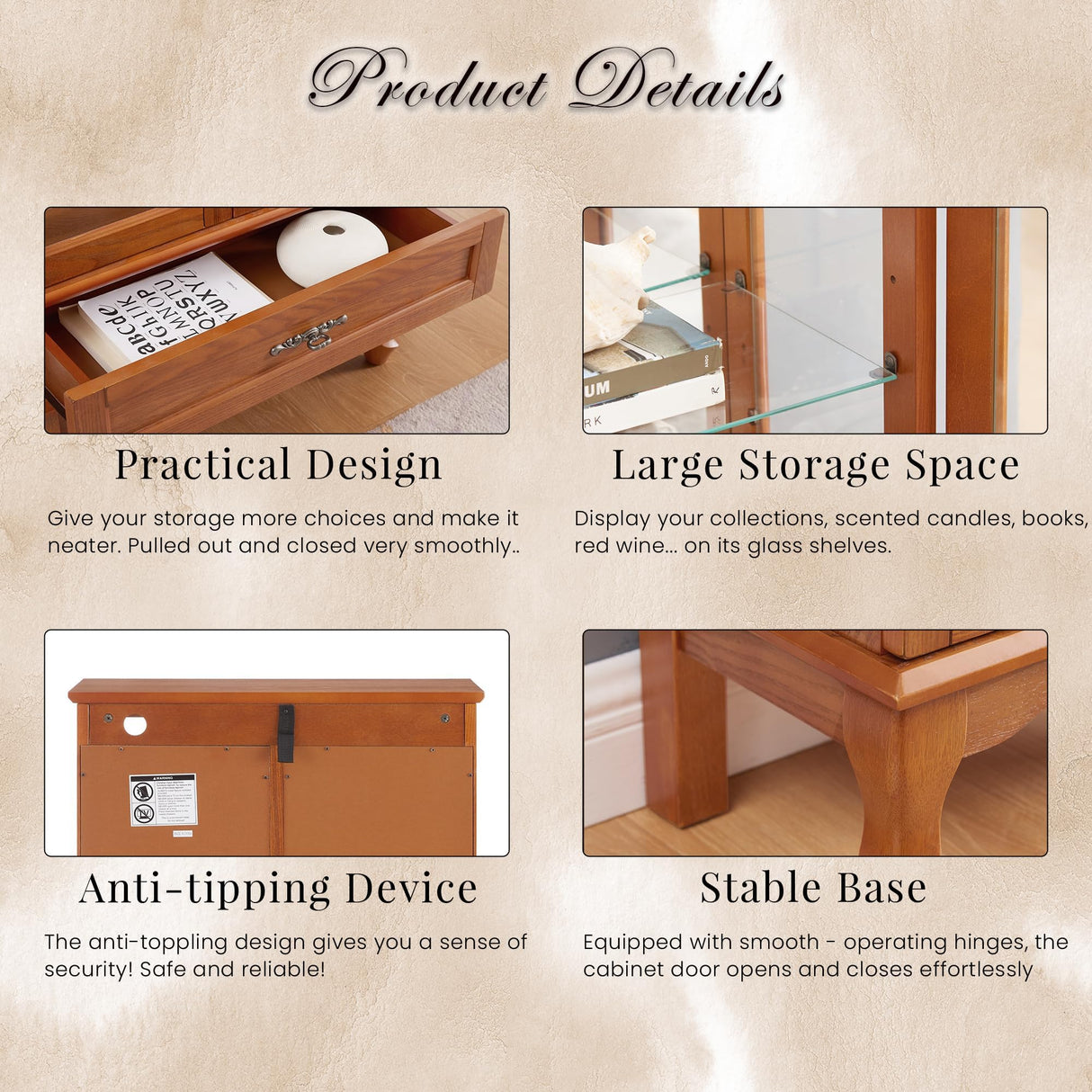 CKEASEAN Lighted Curio Cabinet, 52" H Glass Display Cabinet with Adjustable Shelves, China Cabinet with Tempered Glass Doors for Living Room, Light Blub Included (Dark Oak) CKEASEAN