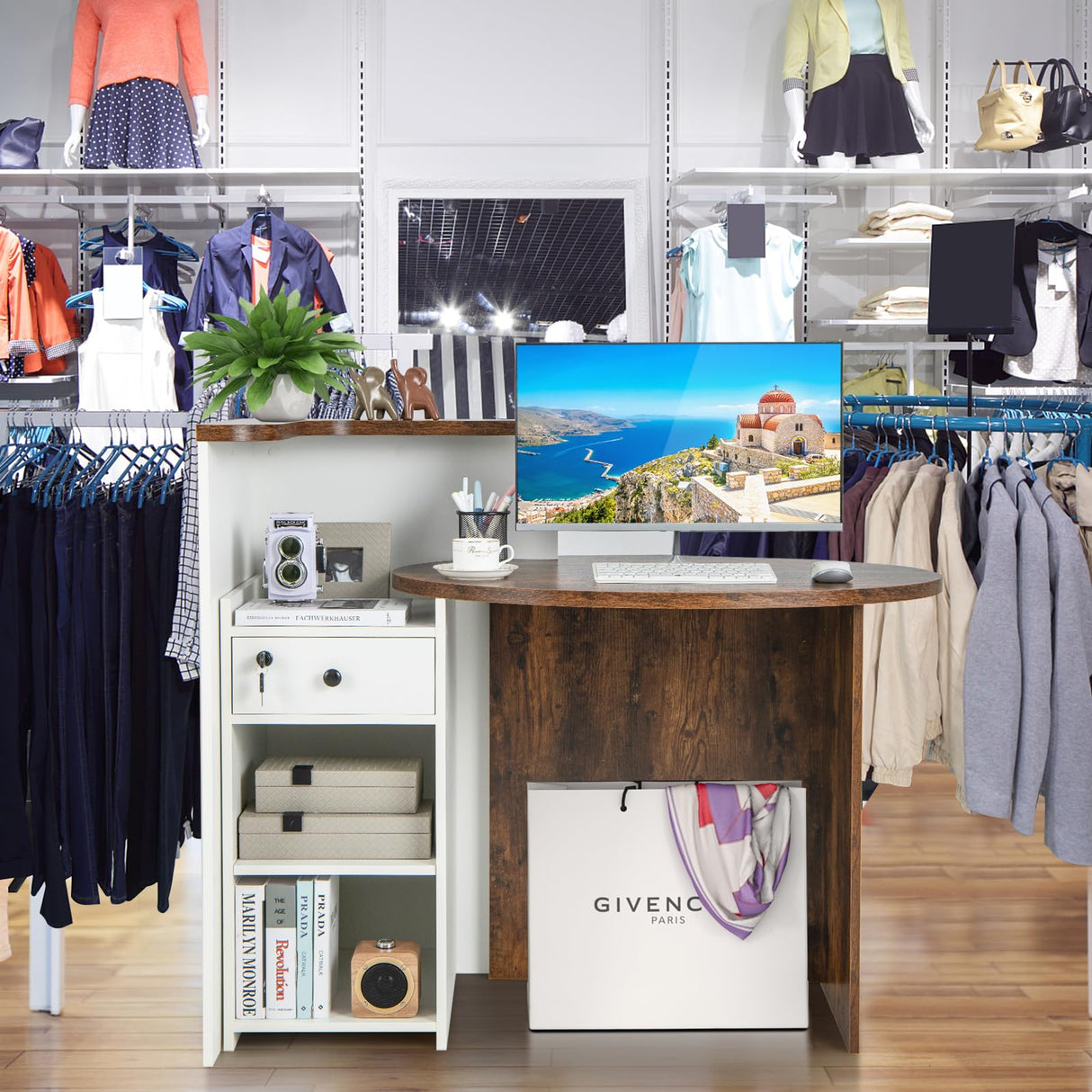 Tangkula Reception Desk, Front Counter Desk with Lockable Drawer & Adjustable Shelf, Oval Desktop, Retail Counter for Checkout, Computer Workstation for Salon Lobby Office, Home Office Desk Tangkula